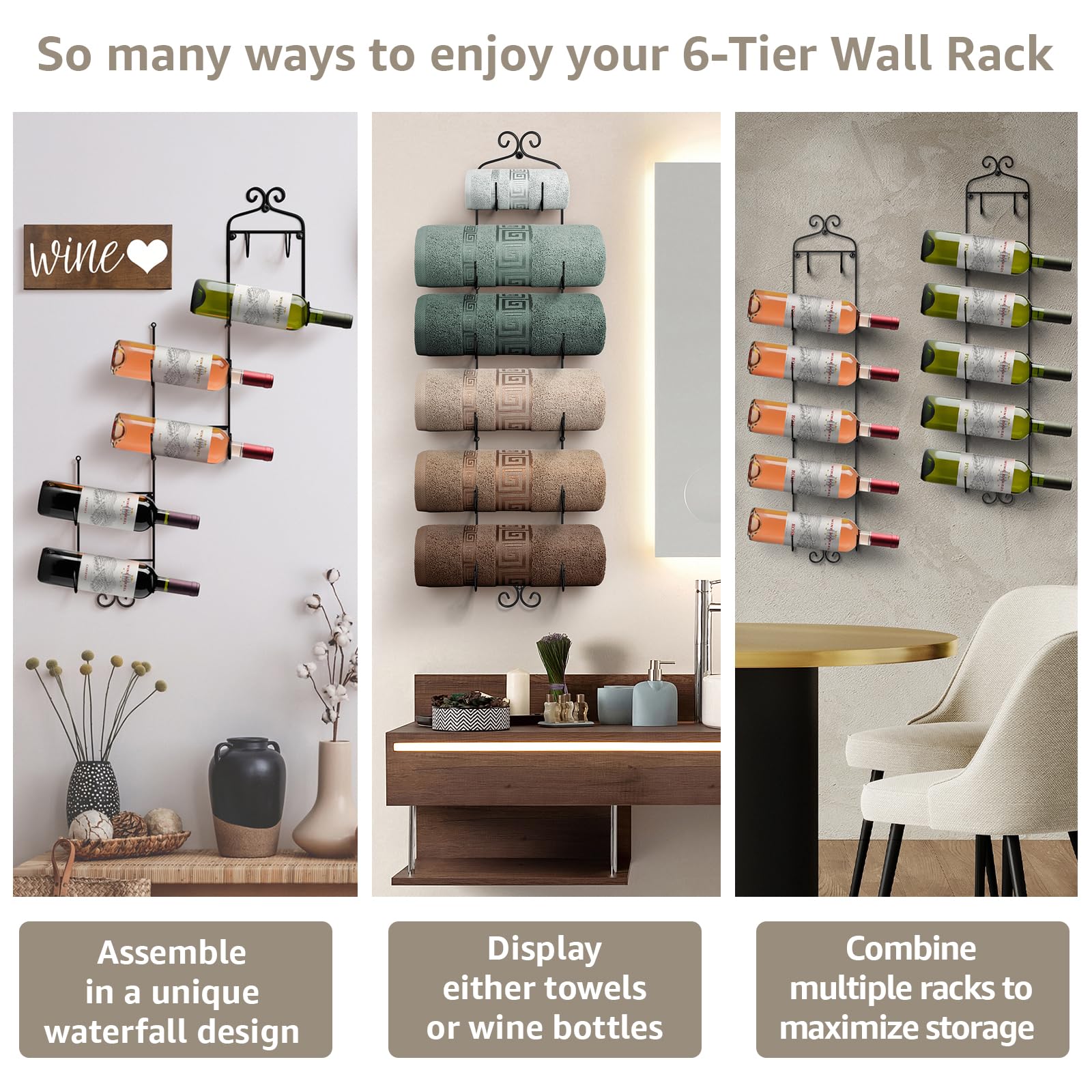 Sorbus 6-Tier Wall Mounted Towel Rack & Wine Holder - Durable Metal Bathroom Organizer for Towels, Washcloths, Spa, Gym, RV - Space-Saving Kitchen Bar & Wine Cellar Storage Solution (Perfect for Small Bathrooms, Campers & Home Bars)