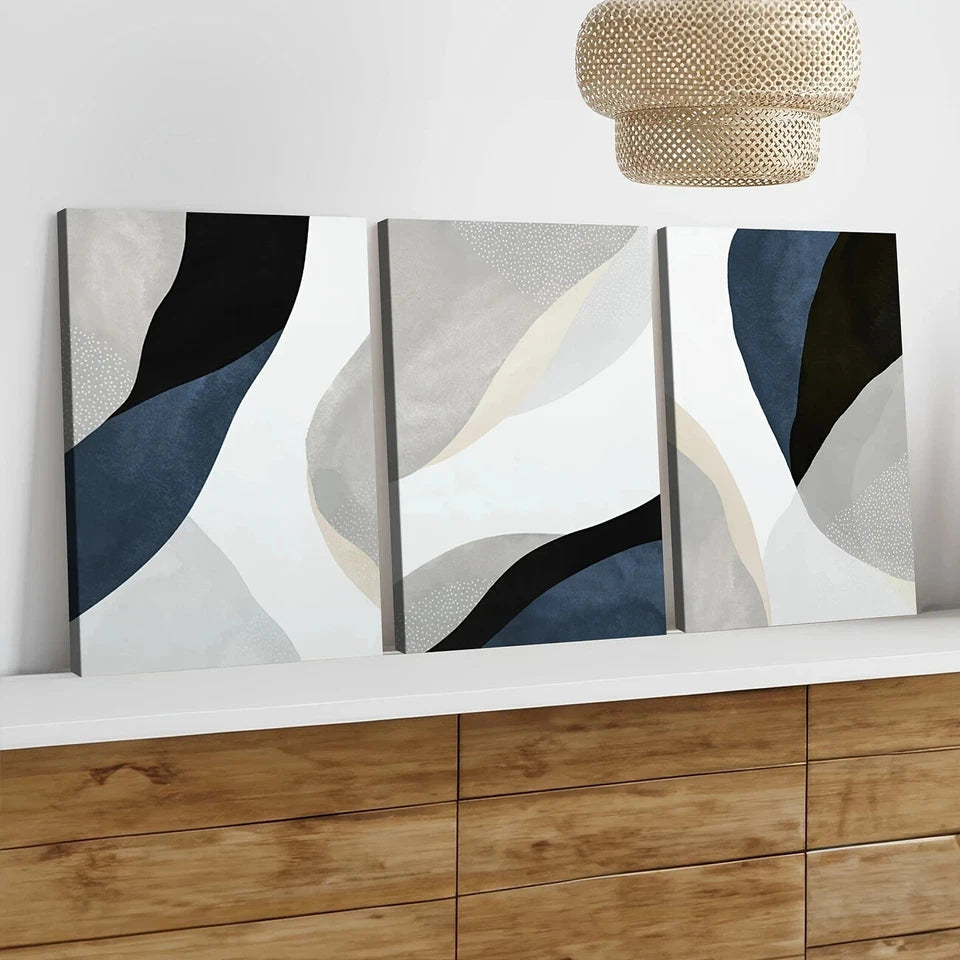 3-Piece Abstract Blue, Dark Blue, White, Gray & Black Wall Art Canvas Set - Framed 40x60cm (16x24in) | High-Quality Print | 100% Australian Made | Ready to Hang | Perfect for Living Room, Bedroom & Office Decor