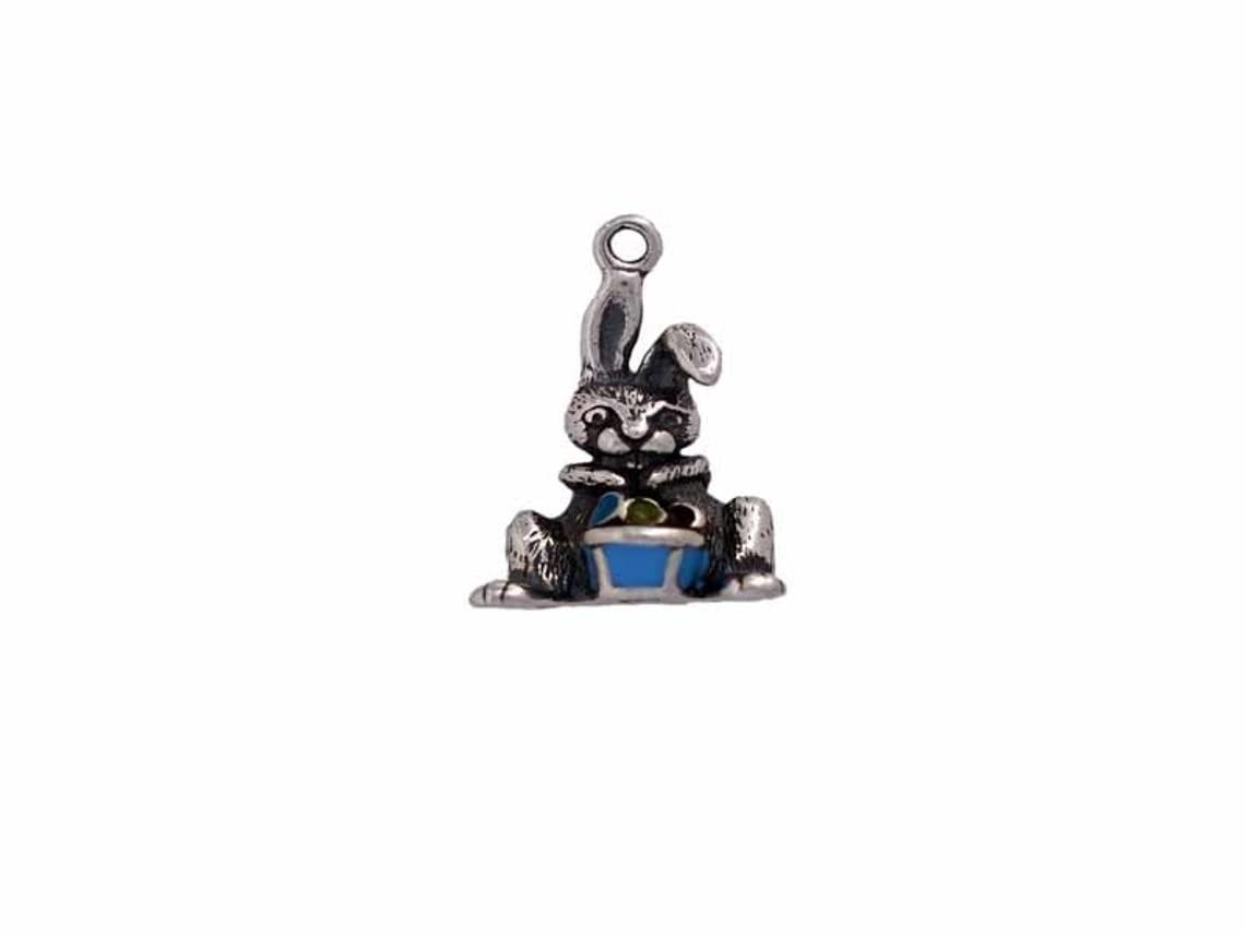 Sterling Silver Enameled Easter Bunny Charm with Basket - Handmade Jewelry Pendant for DIY Crafting, Keepsakes & Easter Gifts | Perfect for Necklaces, Bracelets & Holiday Decorations