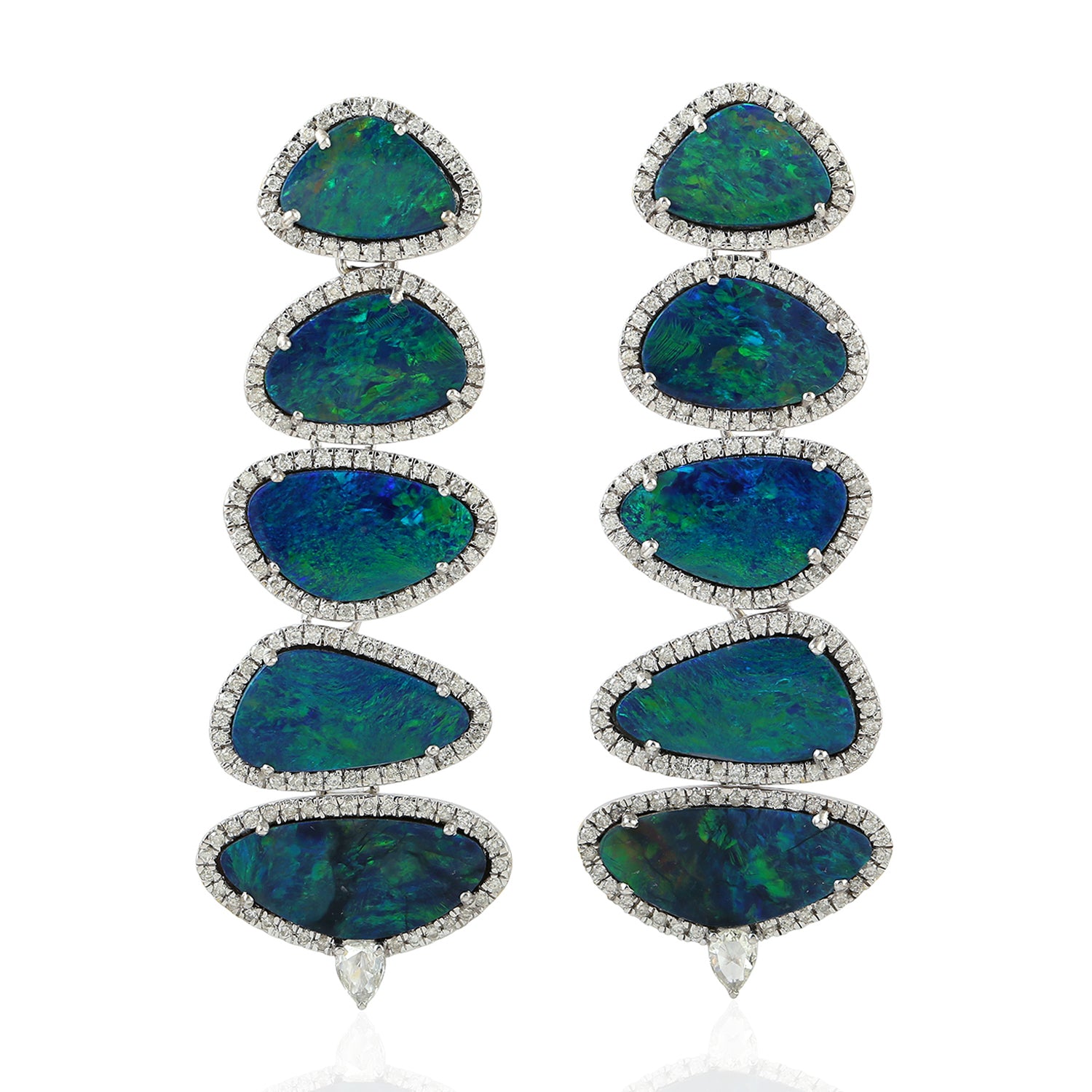 18K White Gold Mix Cut Opal Doublet October Birthstone Prong Diamond Long Dangler Earrings - Perfect for Birthdays, Anniversaries & Special Occasions