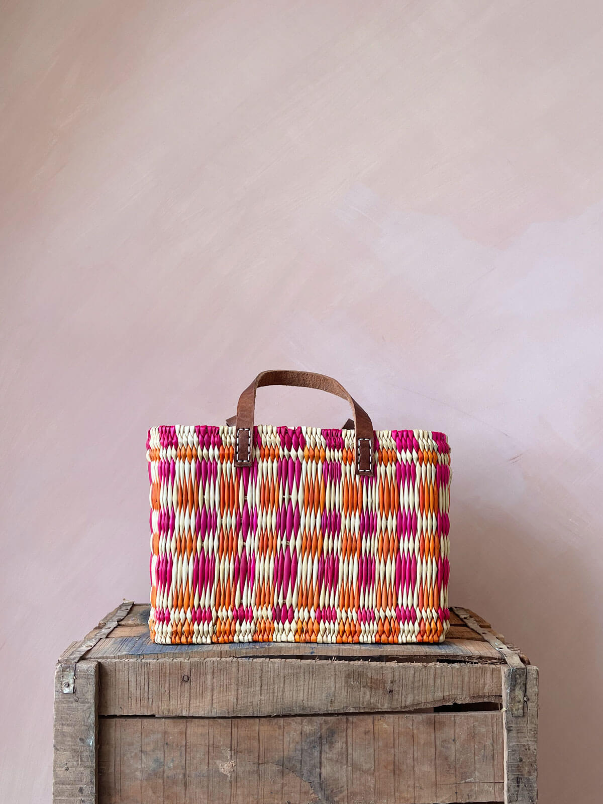 Stylish Pink and Orange Chequered Reed Basket - Perfect for Home Decor, Picnics, and Storage | Handwoven Natural Fiber Organizer for Living Room, Bedroom, or Outdoor Use