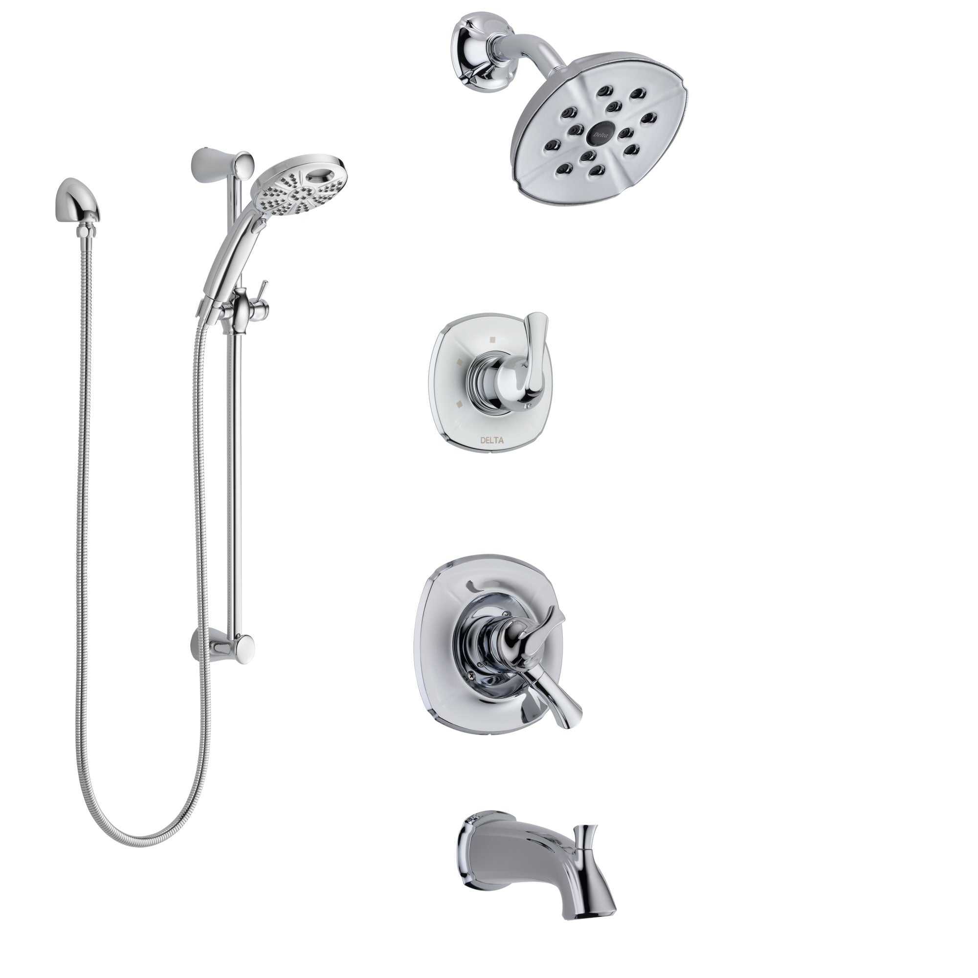 Delta Addison Chrome Finish Dual Control Handle Tub and Shower System with 3-Setting Diverter, Showerhead & Temp2O Hand Shower with Slidebar SS174924 - Perfect for Modern Bathroom Renovations and Spa-Like Showers