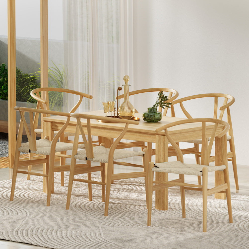 6-Piece Artiss Dining Chair Set - Wooden Frame with Rattan Seat & Wishbone Back - Perfect for Kitchen, Dining Room, and Outdoor Patio Use