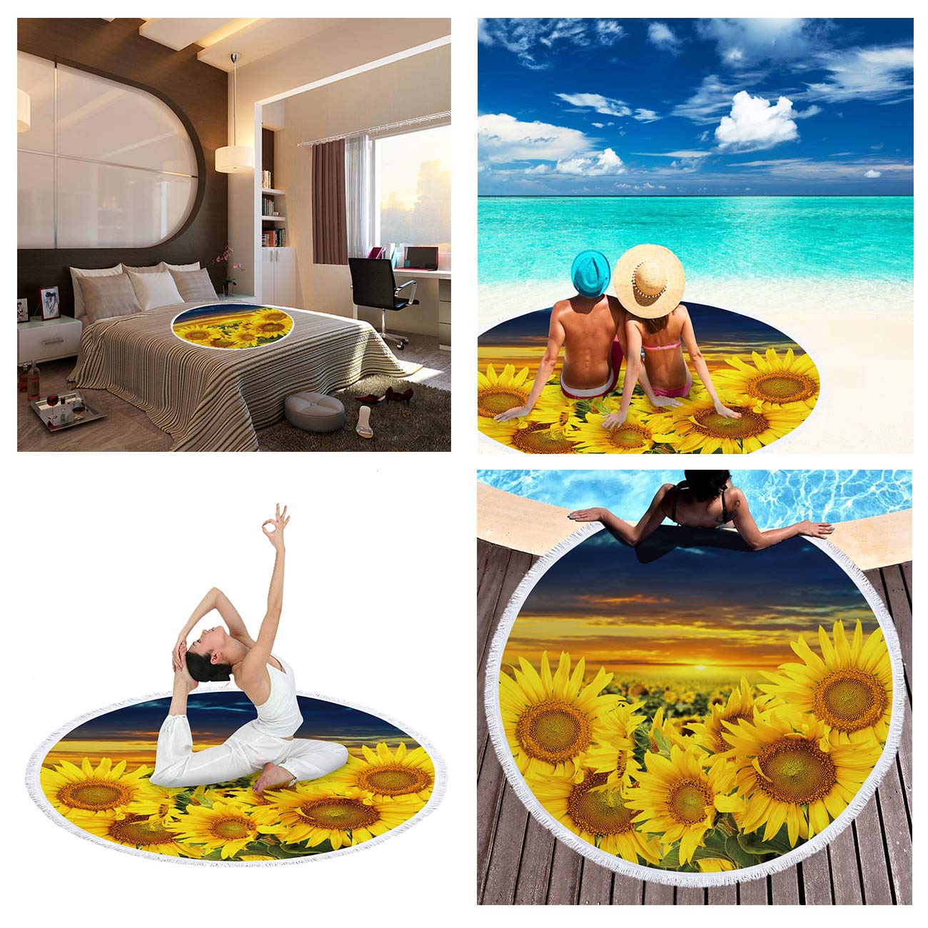 Violet Mist Sunflower Round Beach Blanket 60x60 Inch - Ultra Soft Microfiber Sand-Free Circular Towel with Fringe & Tassels - Perfect for Beach, Pool, Picnic, Travel and Outdoor Activities