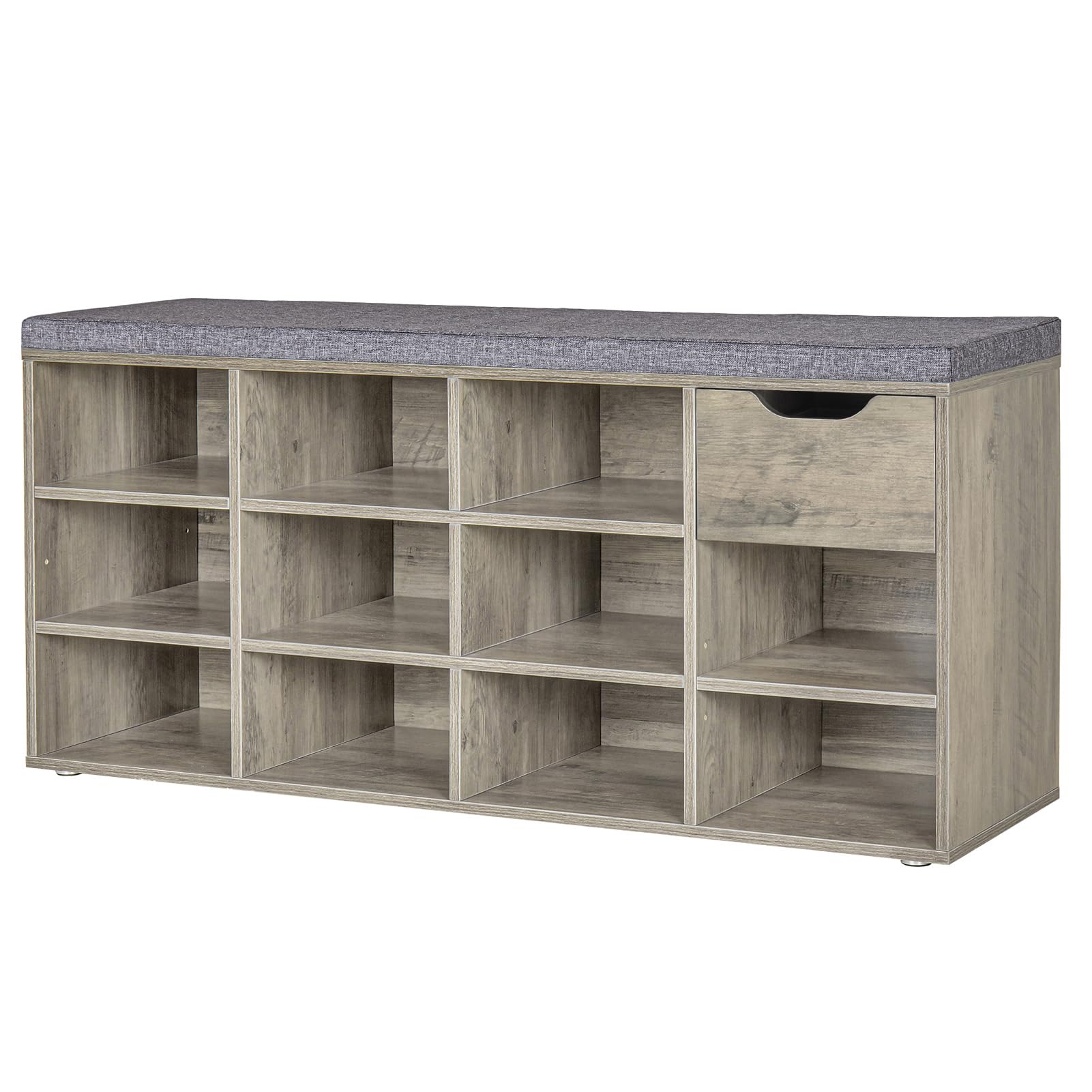 DINZI LVJ Shoe Storage Bench with Drawer & 11 Cubbies - Adjustable Shelf Shoe Organizer Cabinet for Entryway, Living Room, Mudroom, Closet & Garage - Grey Wash - Perfect for Small Space Organization & Shoe Display