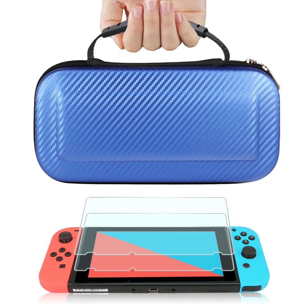 Premium Carbon Fiber Hard Travel Case for Nintendo Switch with 2 Pack Tempered Glass Screen Protectors | Durable Protective Shell & Carry Pouch in Blue | Perfect for Gaming On-The-Go & Travel Protection