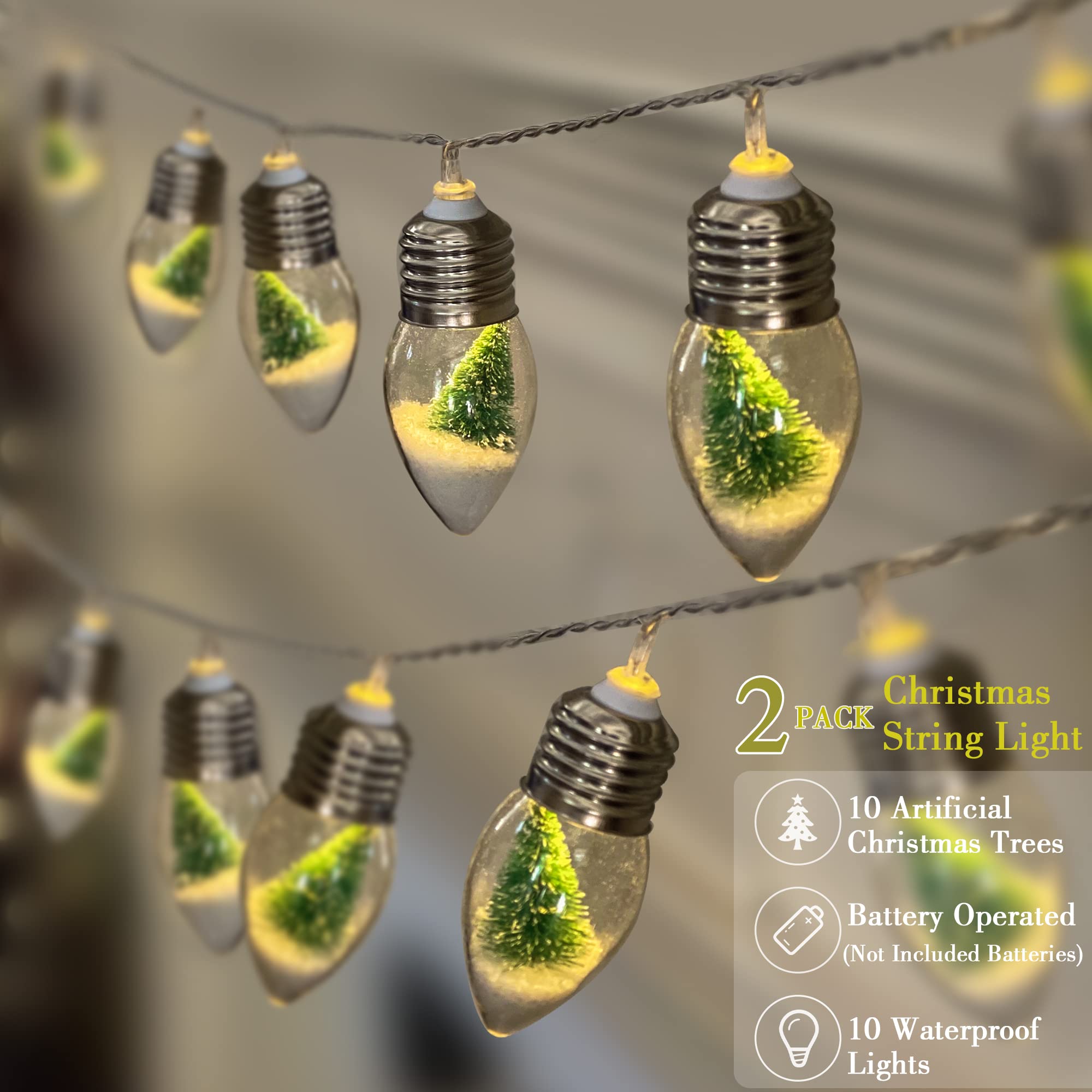 VVolf Battery Operated Christmas Lights - 10 LED Clear Bulb Snow Globe String Lights (2 Pack) for Indoor Room Decor, Holiday Party & Winter Wedding Decoration