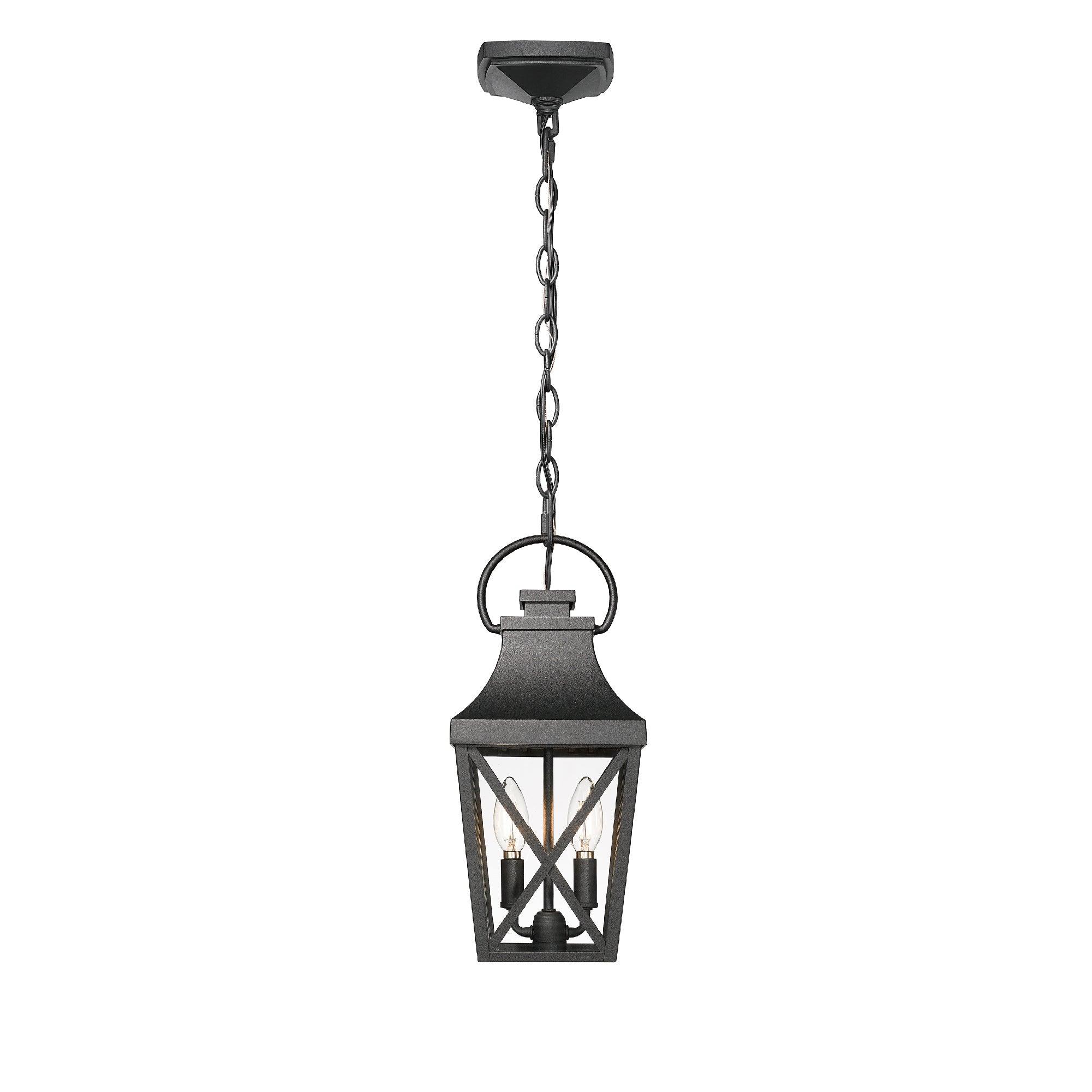 Black Outdoor Pendant Light Fixture - 2-Light Industrial Hanging Cage Chandelier with Clear Glass - Ceiling Mount for Porch, Entryway, Doorway, Farmhouse - Weatherproof & Durable (1 Pack) - Perfect for Patio, Deck, Garden & Outdoor Dining Areas