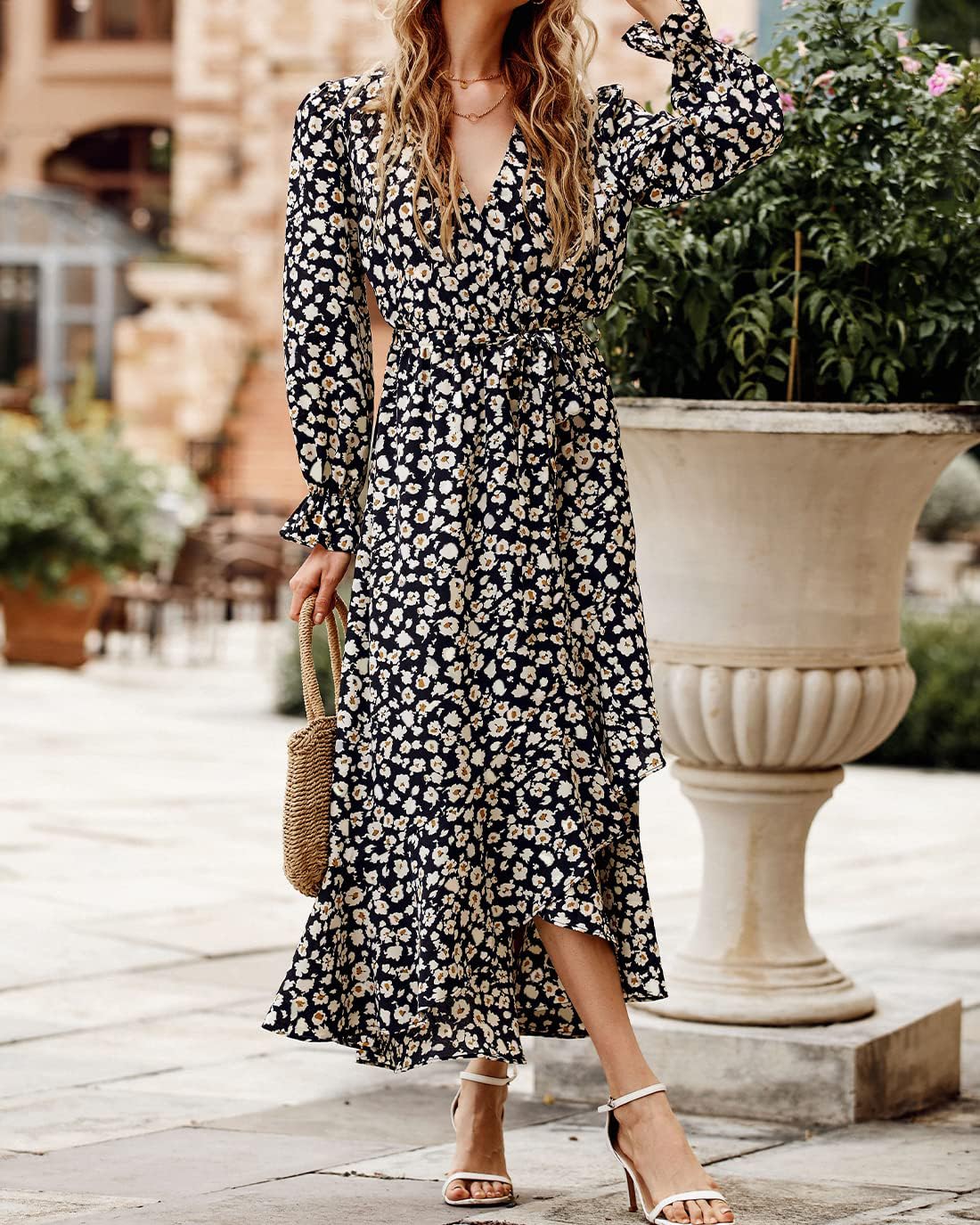 BTFBM Women's Long Sleeve Floral Dress 2025 - V Neck High Waist Ruffle Boho Maxi Dress for Spring Summer Wedding Guest, Party, Date Night & Special Occasions