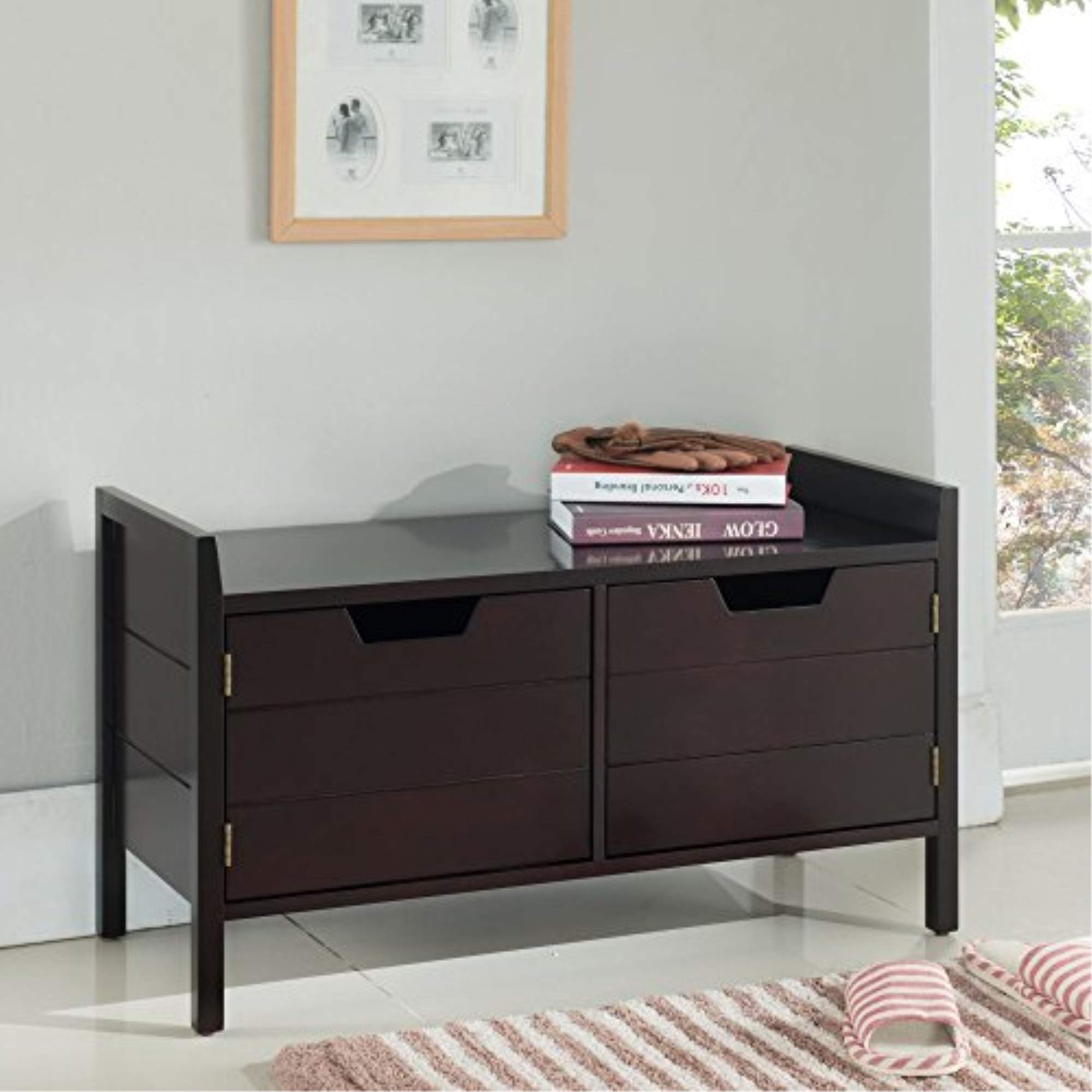 K&B Furniture Selma Entryway Storage Bench - Wooden Shoe Bench with Cushion, Hallway Seating & Shoe Organizer for Home, Entryway, Living Room & Bedroom