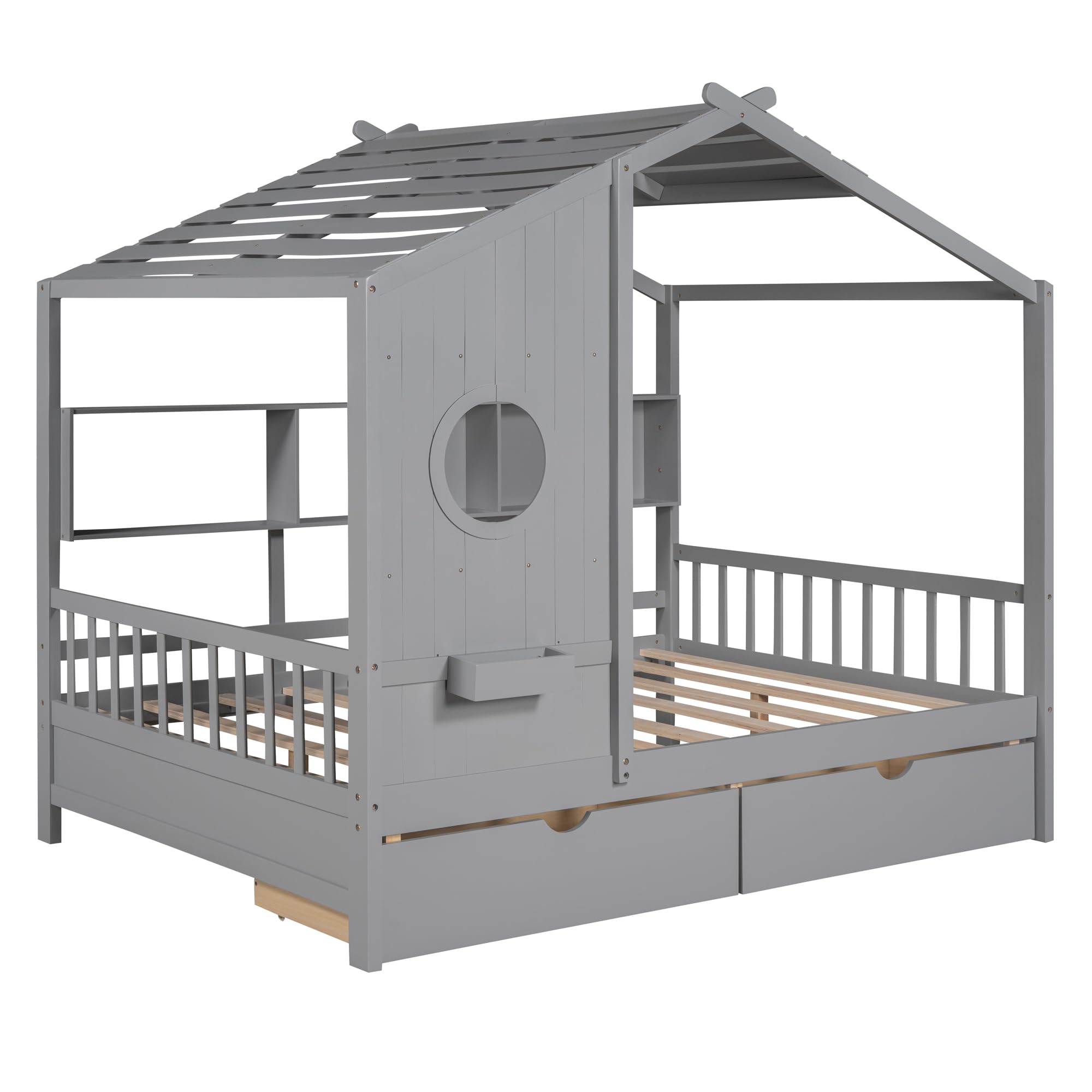 MERITLINE Full Size House Bed for Kids - Wooden Bed Frame with 2 Storage Drawers, Built-in Shelf & Slat Support - No Box Spring Needed - Grey - Perfect for Kids' Bedroom, Playroom & Small Space Organization