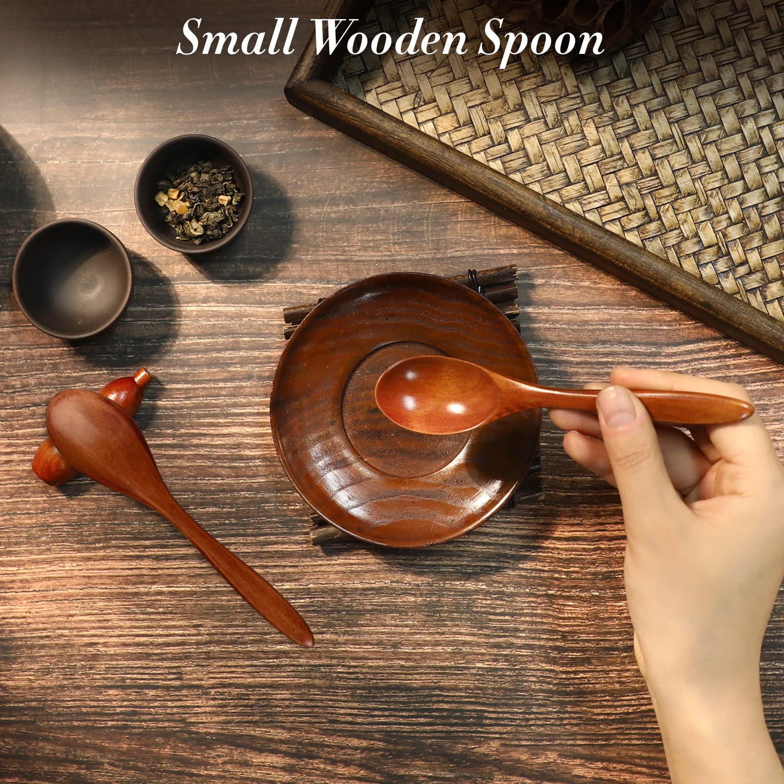 NUOMI 2-Piece Wooden Bowl Set with Wooden Spoons - Natural Small Serving Bowls for Desserts, Snacks, Soup & Salads - Perfect for Kitchen, Dining Table & Picnic Use