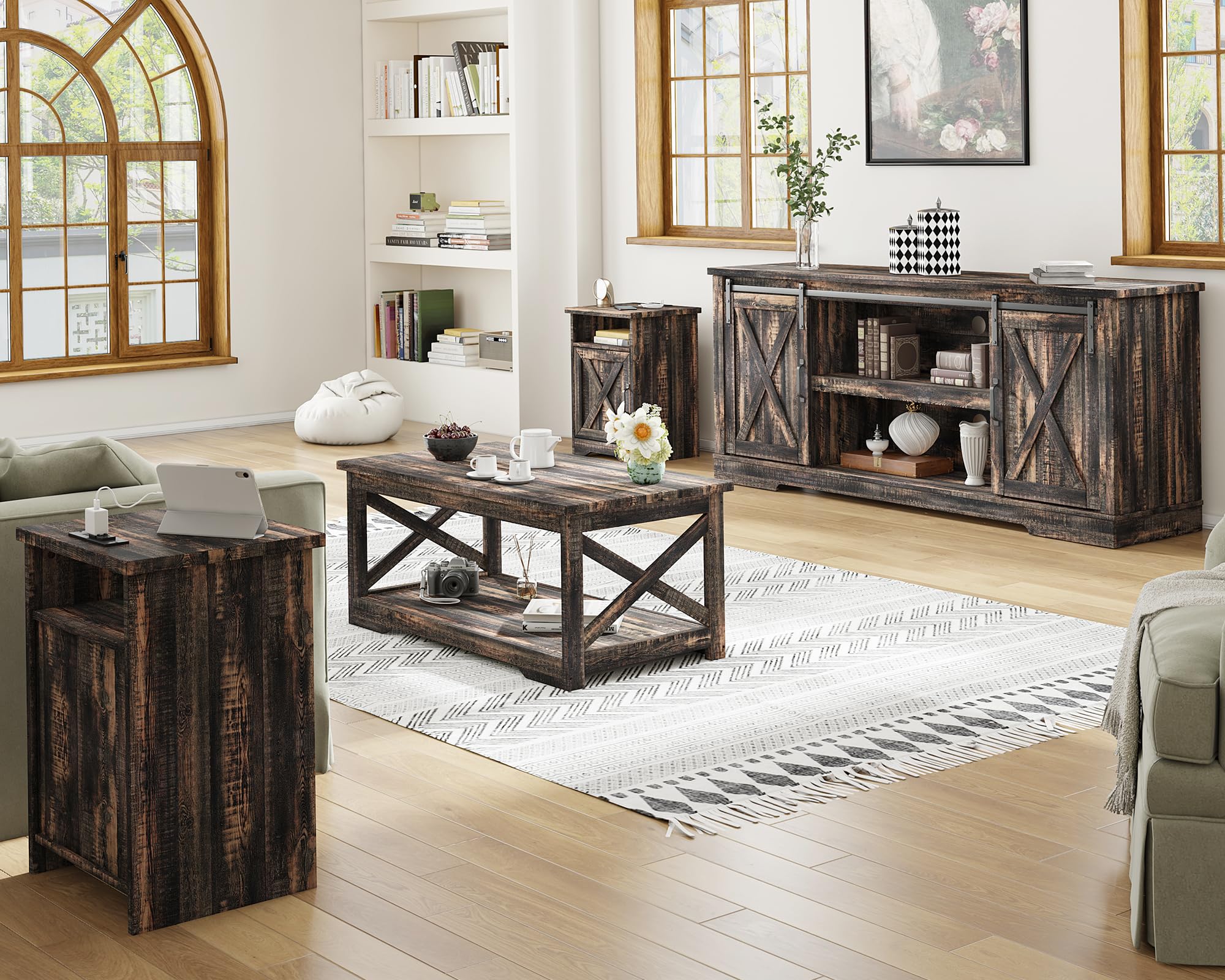 AMERLIFE 4-Piece Farmhouse Table Set - Sliding Barn Door TV Stand, Coffee Table & 2 End Tables with Charging Station & USB Ports - Dark Oak 66