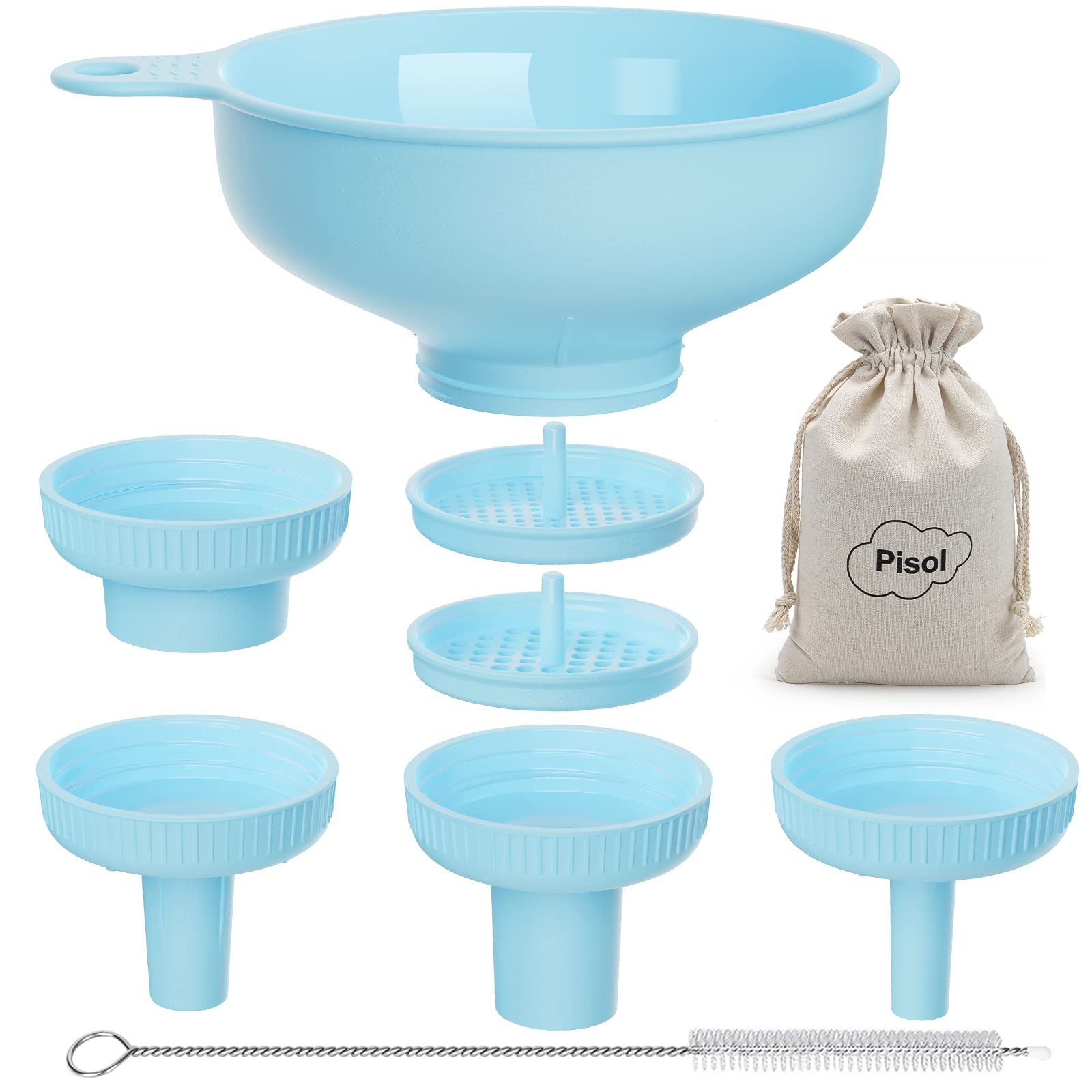 Wide Mouth Multi-Purpose Funnel Set - 4 Size Spouts & 2 Strainers - Food Grade Plastic Kitchen Funnel for Canning, Bottles & Bags - Perfect for Home Brewing, Oil Transfer & DIY Projects (Blue)