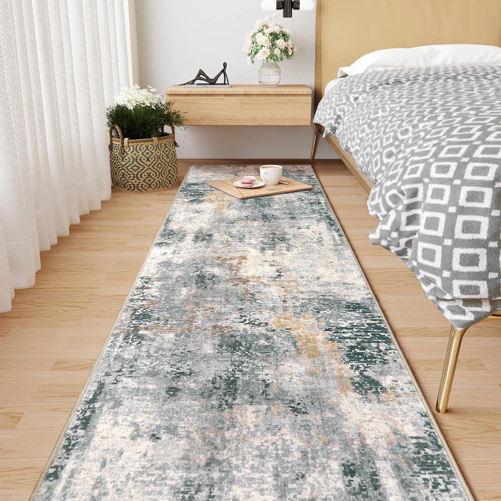 Modern Abstract Runner Rug 2x8 Gray - Non-Slip Washable Hallway Carpet for Kitchen, Entryway, Bedroom & Bathroom | Soft Low-Pile Indoor Rug for High Traffic Areas & Home Decor