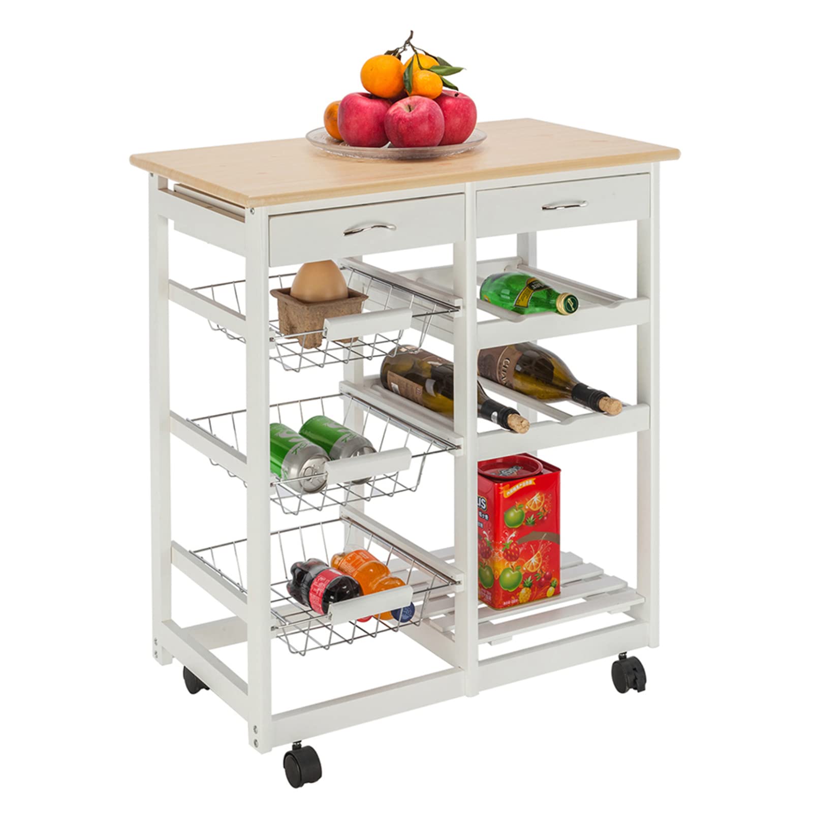 Mobile Kitchen Island Cart with Drawers & Wine Rack - White Pine PVC Countertop for Dining Room Storage