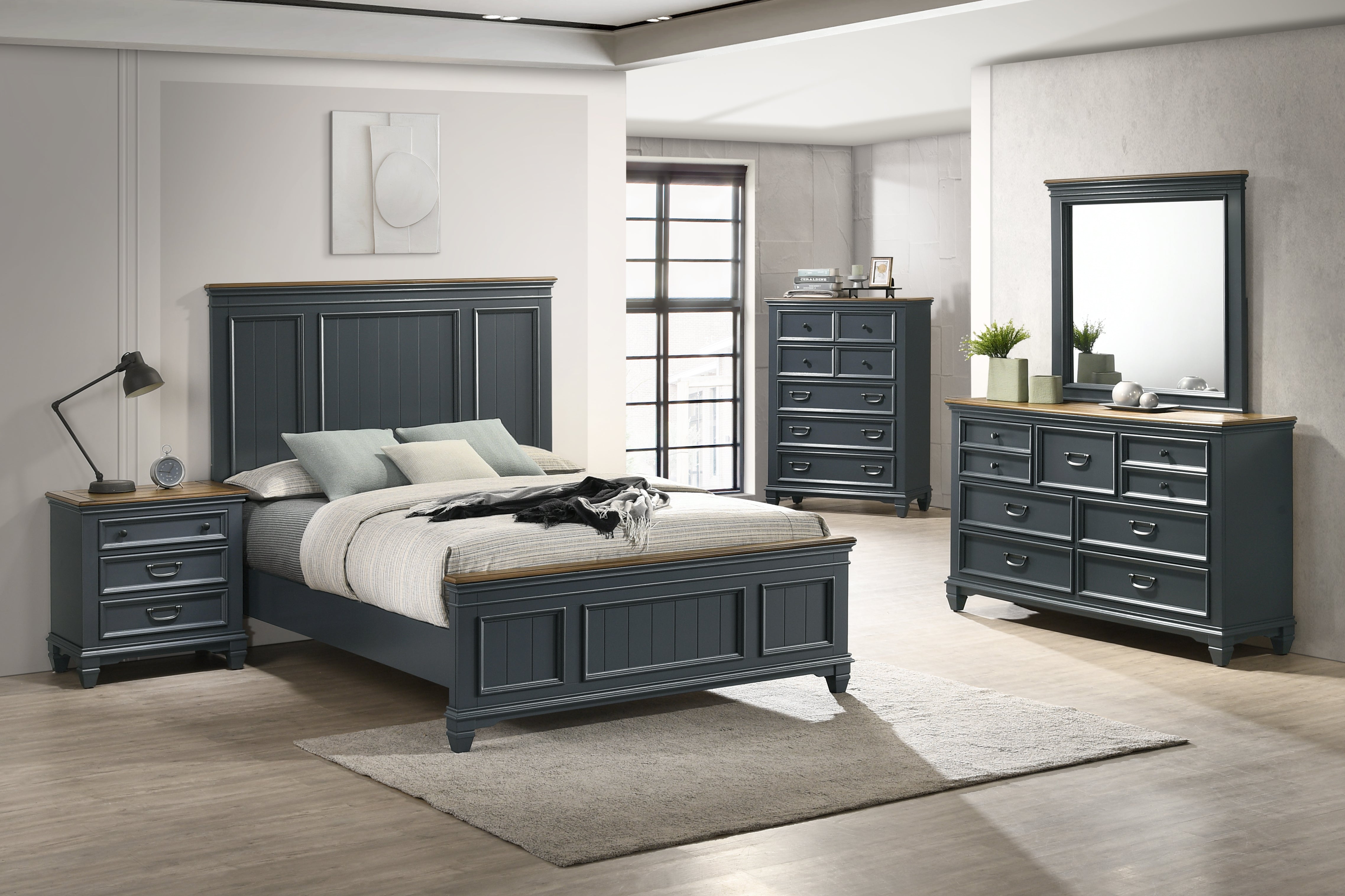 Roundhill Furniture Clelane Wood Bedroom Set with Shiplap Panel Bed - Queen Size, Slate Blue Finish - Modern Farmhouse Bedroom Decor for Master & Guest Rooms