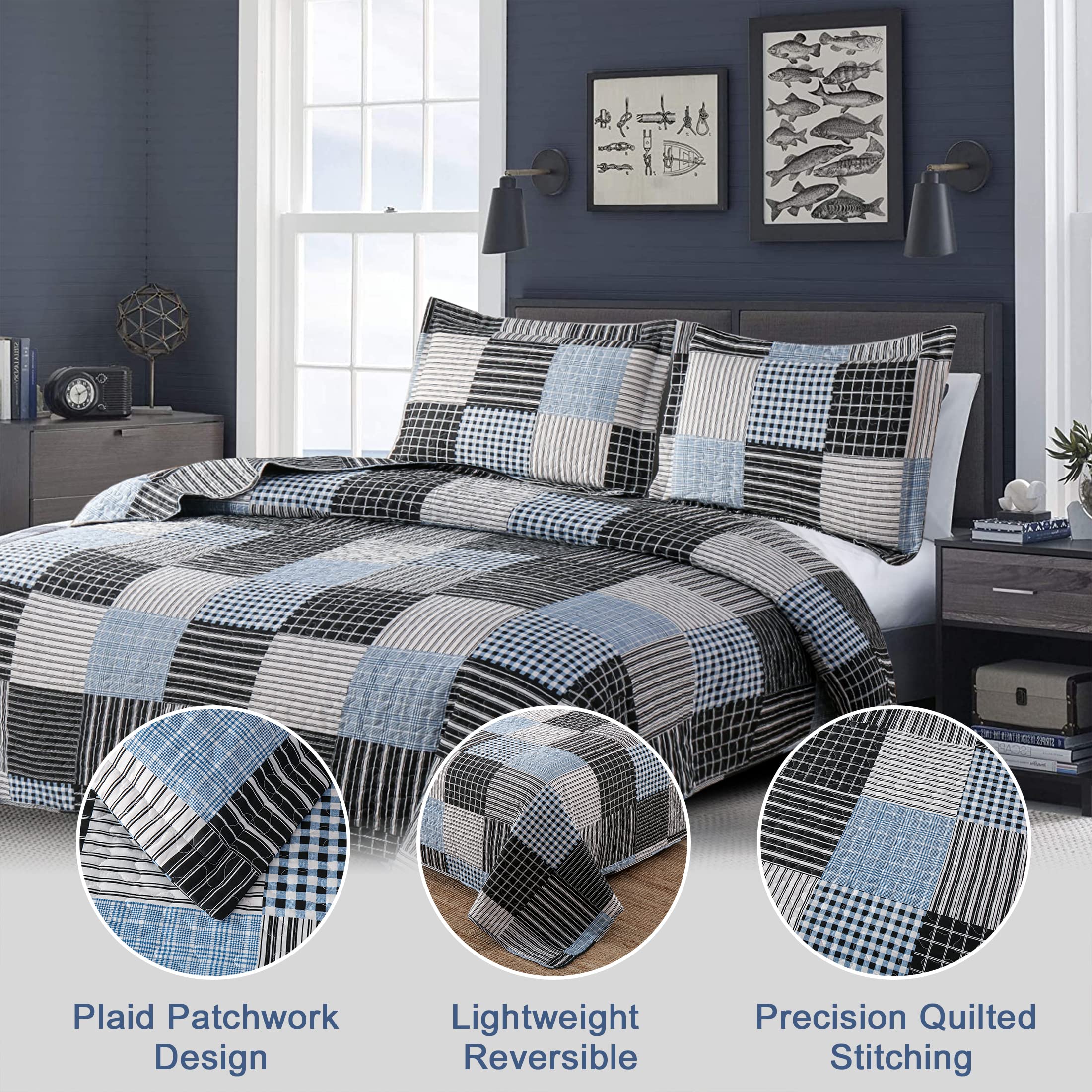 **King Size Reversible Quilt Set - Lightweight Plaid Patchwork Bedspread Coverlet for Men, Black & White Stripe Modern Home Collection | Cozy Bedroom Upgrade & Guest Room Decor**