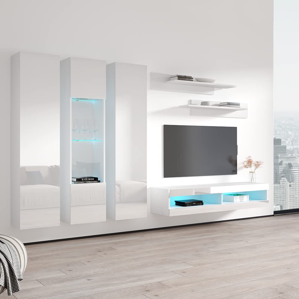 Modern White Wall-Mounted TV Stand with Storage Shelves & LED Lights - 34