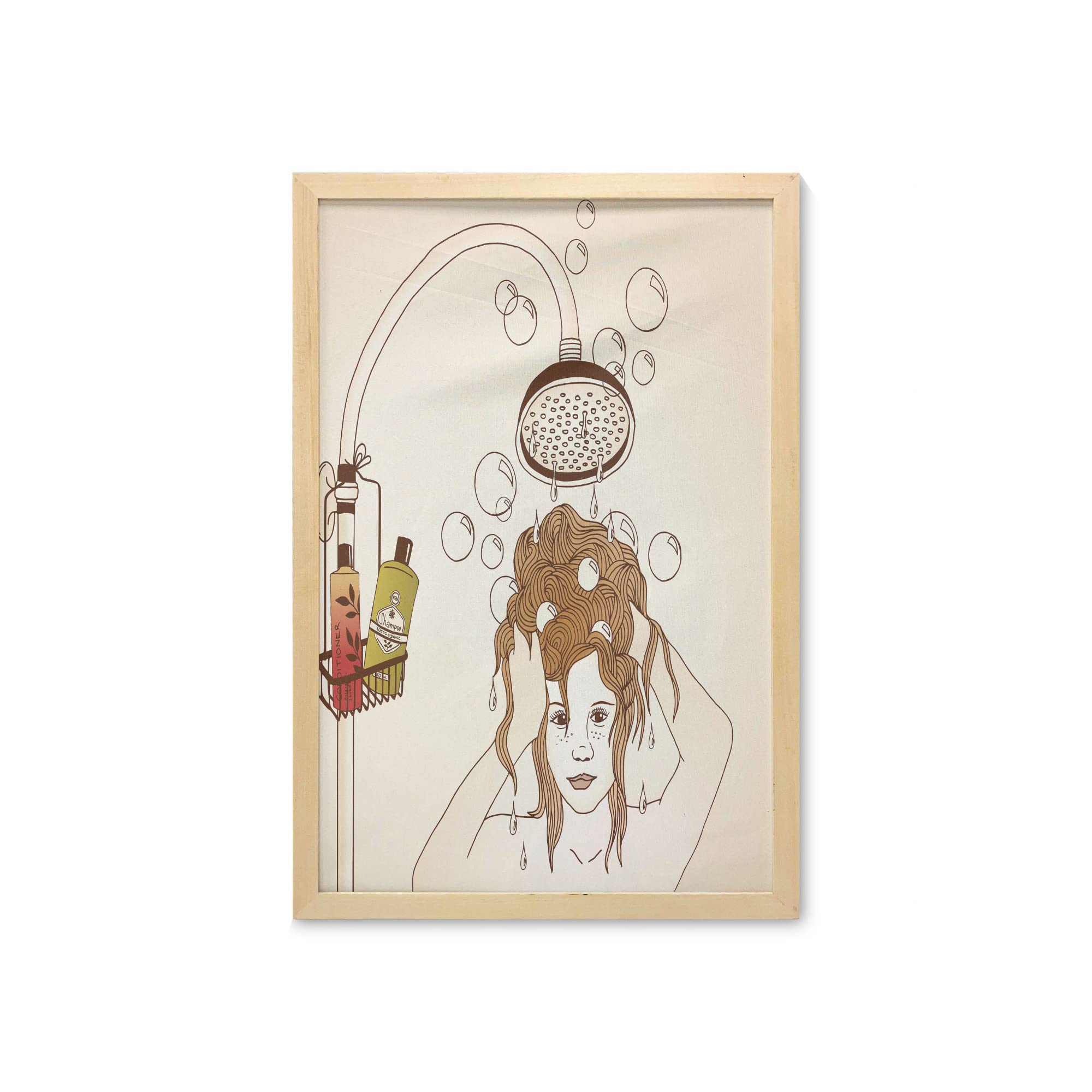 Ambesonne Framed Cartoon Wall Art - Woman Showering with Shampoo Bubbles, Hair Care & Relaxation Theme - Printed Fabric Poster for Bathroom, Living Room, Dorm Decor - 23x35 Inches in Champagne & Pale Caramel - Perfect for Spa-Like Bathrooms & Cozy Living Spaces