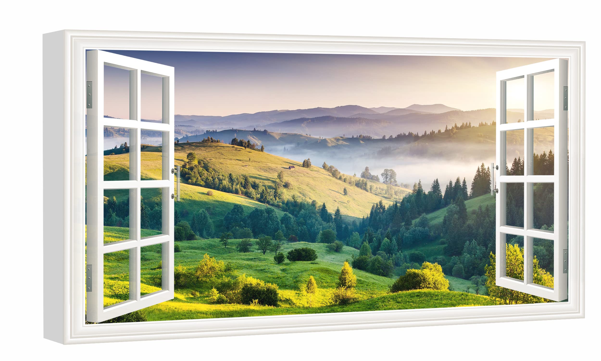 Green Hills Landscape Canvas Art - Fake Open Window Wall Decor with Mountain View Painting for Living Room, Office, Bedroom - Ready to Hang - Perfect for Home & Office Decoration