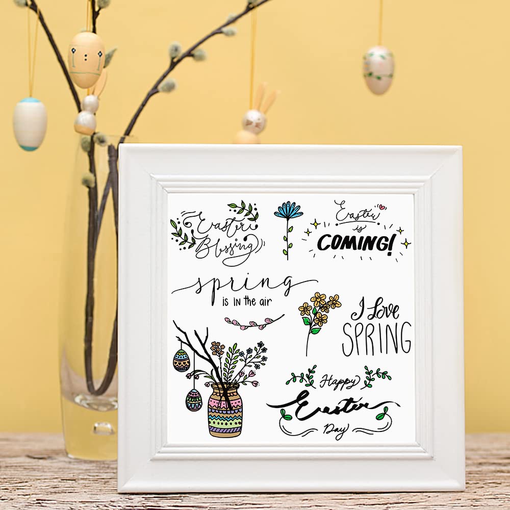 Easter Spring Flower Clear Stamps Set - DIY Card Making, Scrapbooking & Photo Album Decor - Transparent Rubber Stamps with Easter Eggs, Leaves & Greeting Words - Perfect for Easter Crafts, Spring Projects & Handmade Greeting Cards