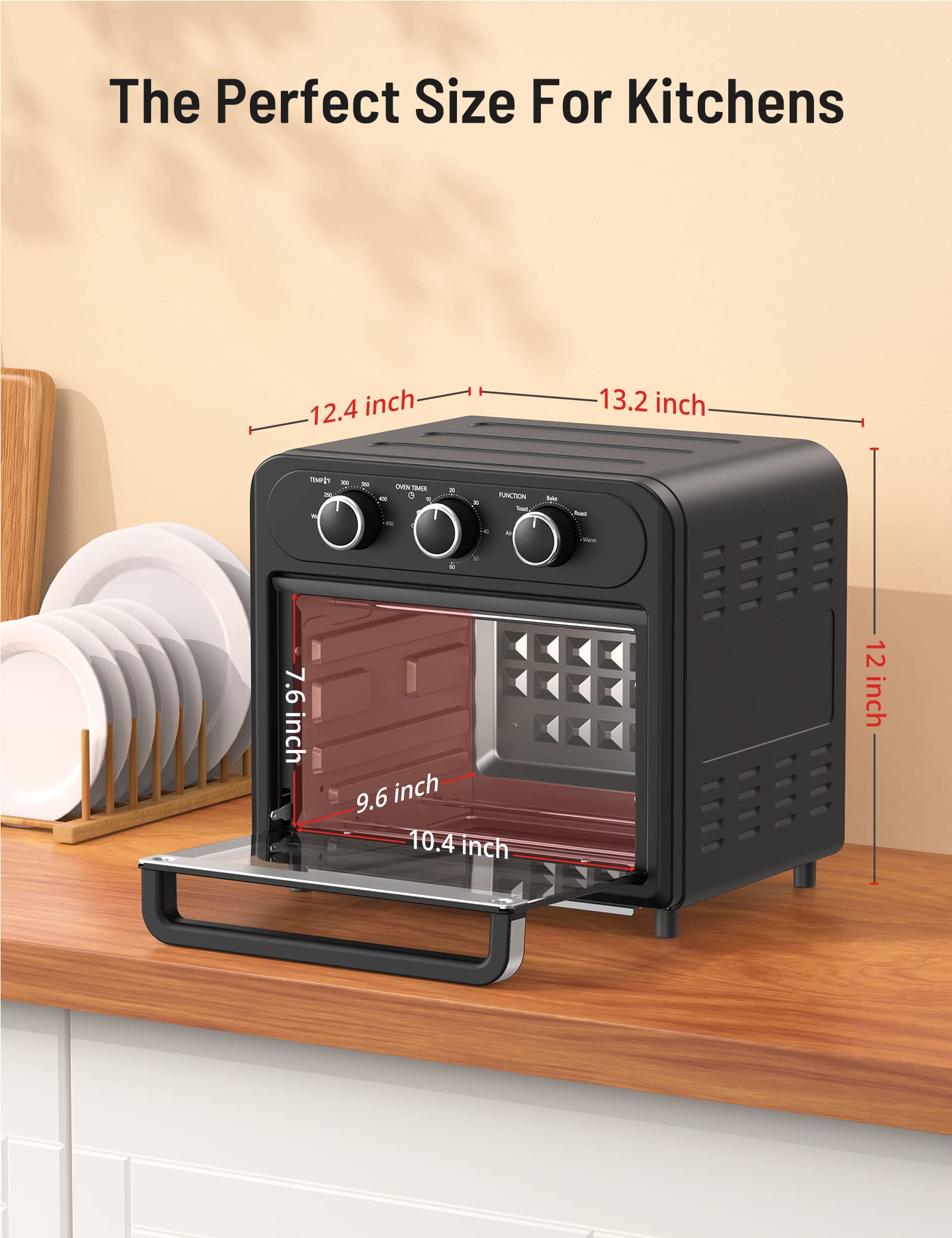PARIS RHÔNE 14.8 Quart Air Fryer Toaster Oven Combo - 5-in-1 Convection Oven for Toast, Pizza, Baking, Roasting & Broiling - Large Capacity for 4-Slice Toast & 9-inch Pizza - Easy Knob Control with 6 Dishwasher Safe Accessories - Perfect for Family Cooking & Small Kitchen Spaces (PE-AF013, Black)