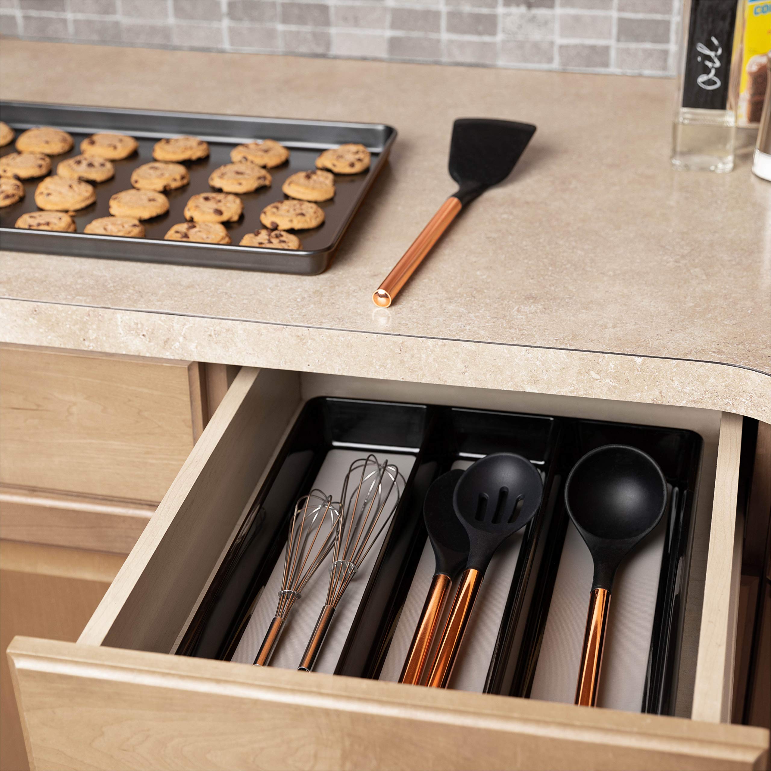 Non-Slip 3 Compartment Kitchen Utensil Organizer - Large Cutlery Drawer Tray Holder for Spoons, Forks & Knives - Multi-Purpose Home Organization Tool (Black) | Perfect for Kitchen Drawers, Pantry Shelves & Countertop Storage