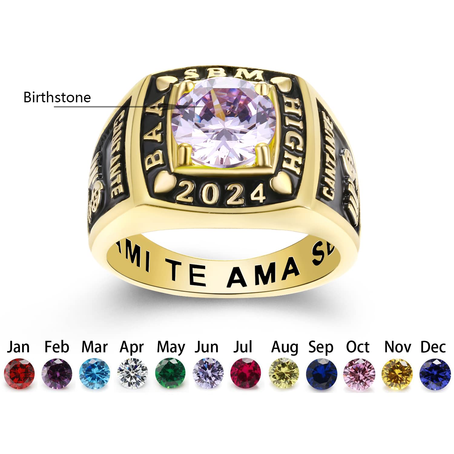Custom Personalized Men's Class Rings with Cubic Zirconia & Birthstone - Sterling Silver High School Rings Size 5-15 - Perfect for Graduation Gifts, Alumni Reunions & School Spirit Jewelry
