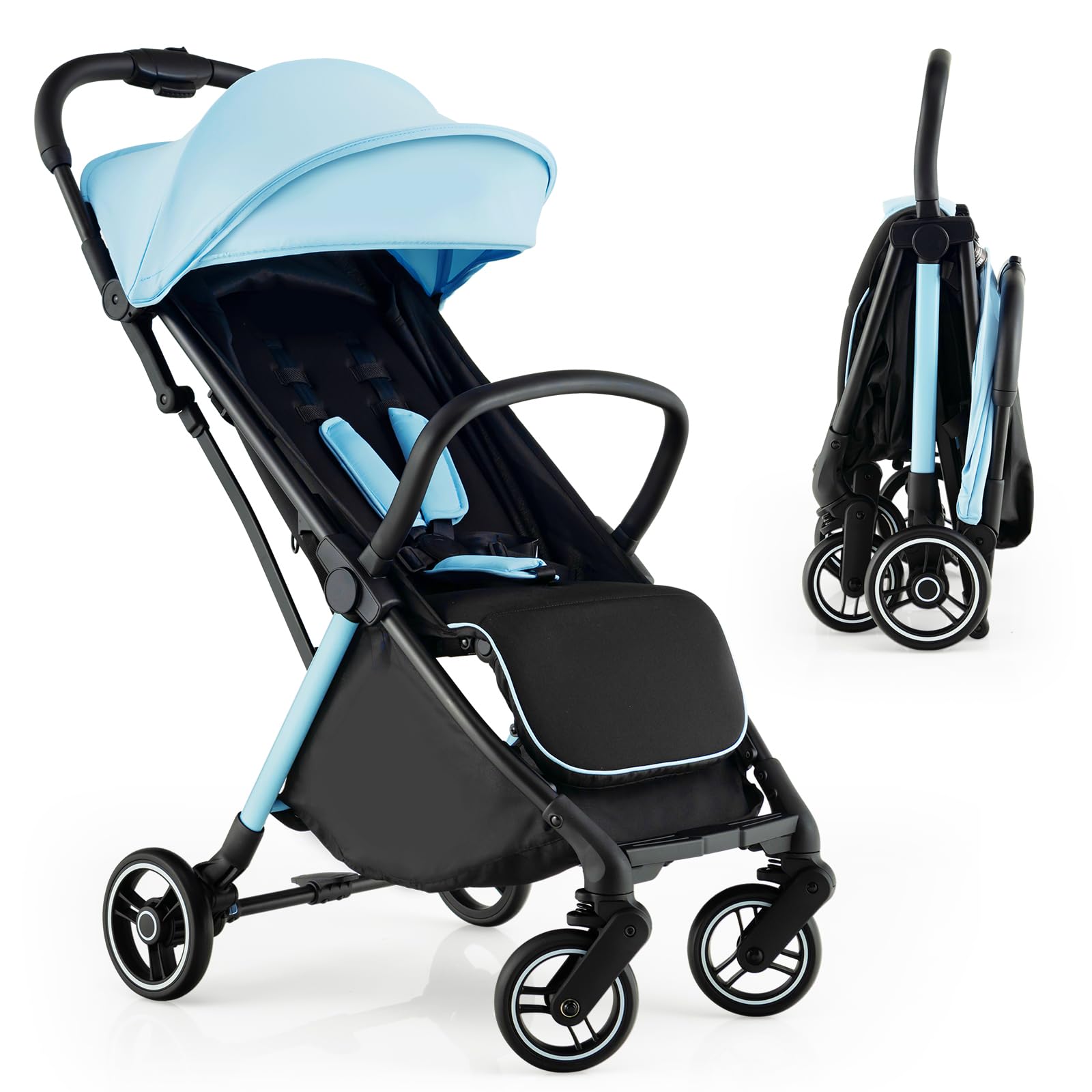 HONEY JOY Lightweight Baby Stroller - Compact Travel Stroller for Airplane, Fits in Cabin & Overhead Bin | One-Hand Gravity Fold, Self-Standing Toddler Stroller with Adjustable Backrest & Canopy (Blue) | Perfect for Air Travel, Shopping, and Daily Walks