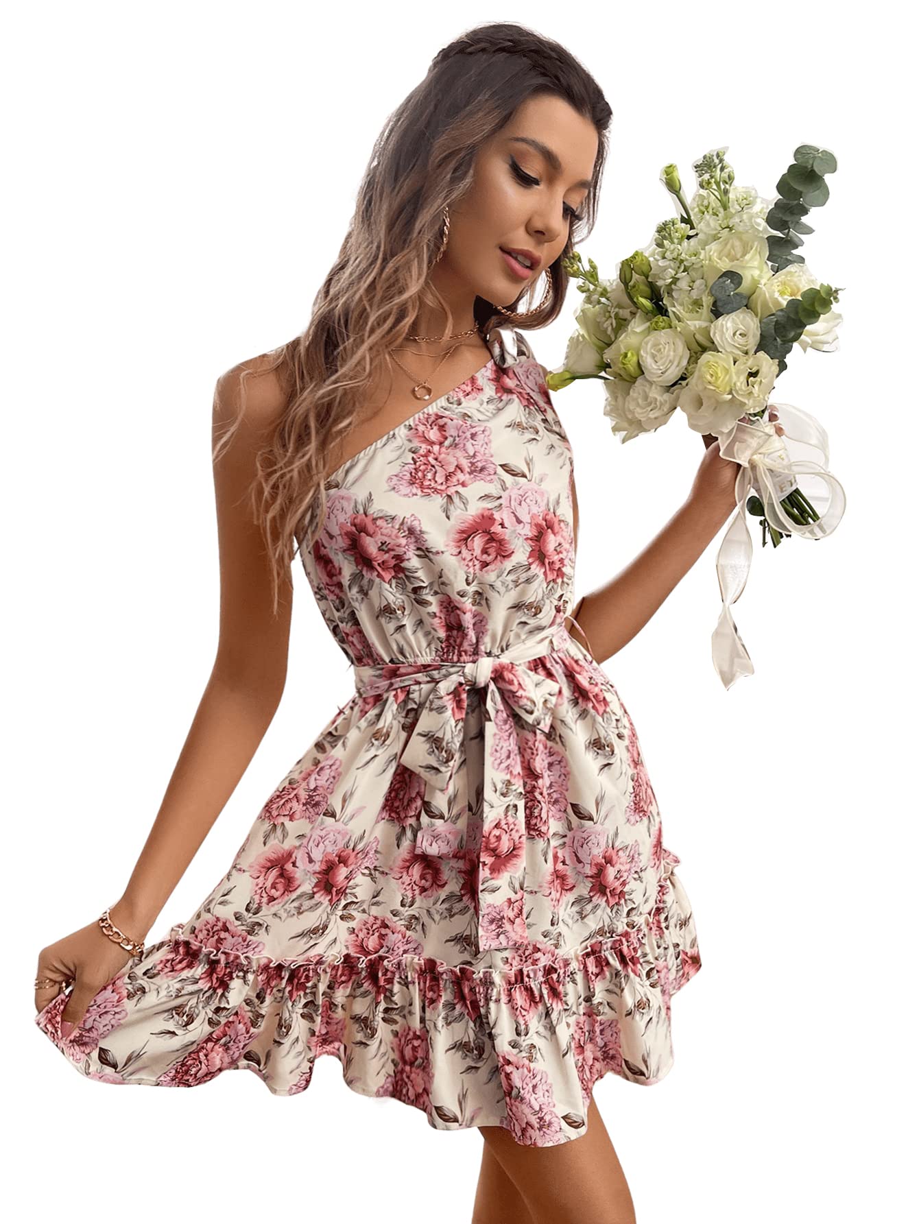 SweatyRocks Women's Floral Print One Shoulder A-Line Mini Dress with Ruffle Hem & Belt - Summer Party, Cocktail, Wedding Guest Outfit
