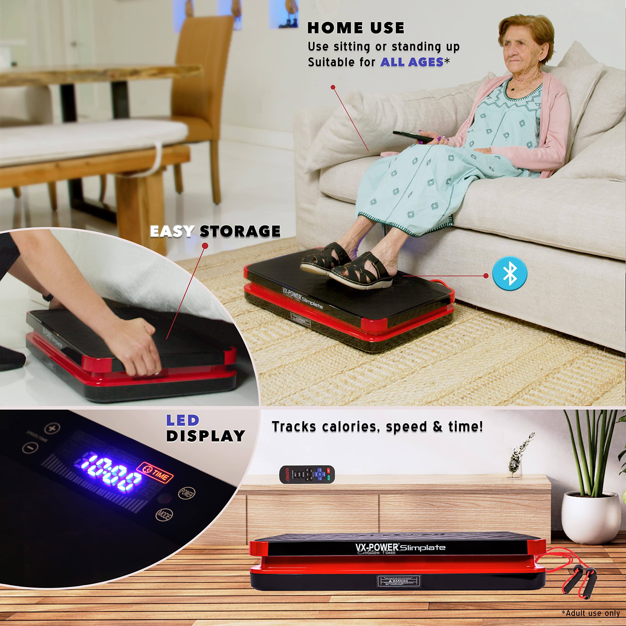VX-Power SlimPlate Digital Vibration Platform - Whole Body Oscillating Exercise Machine with Resistance Bands & Bluetooth Speakers for Home Cardio, Weight Loss, Muscle Toning & Fitness - Perfect for Home Gym, Workout Recovery & Relaxation