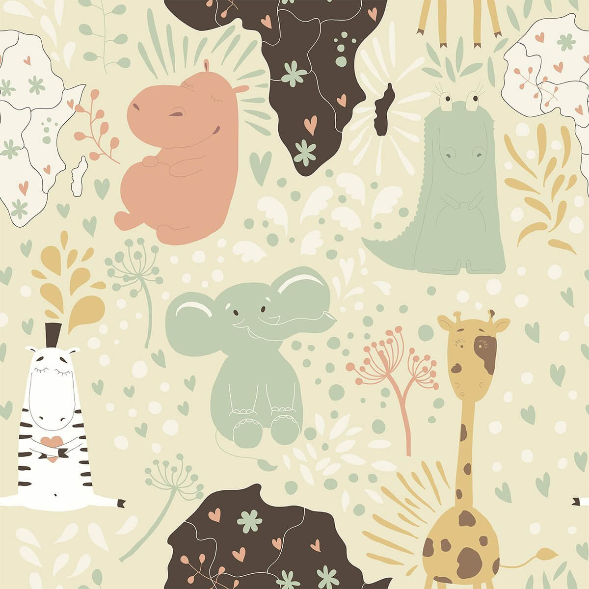 Pink and Green Animals Baby Peel and Stick Removable Wallpaper - Self-Adhesive Nursery Decor for Kids Room, Bedroom, Playroom