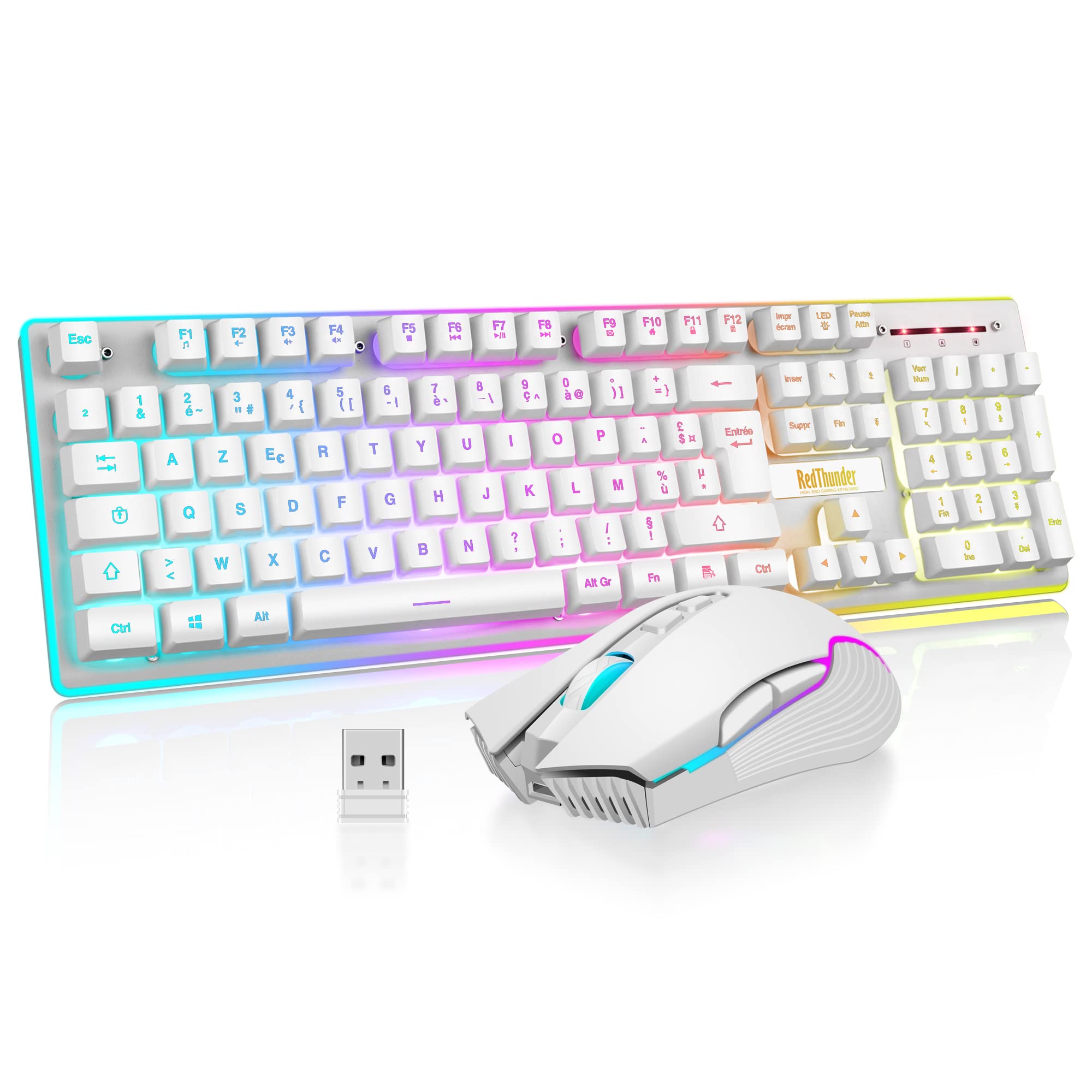 RedThunder K10 Wireless Gaming Keyboard & Mouse Set - French AZERTY, 3200DPI, for PC Mac PS5 Xbox (White) - Perfect for Esports & Home Gaming