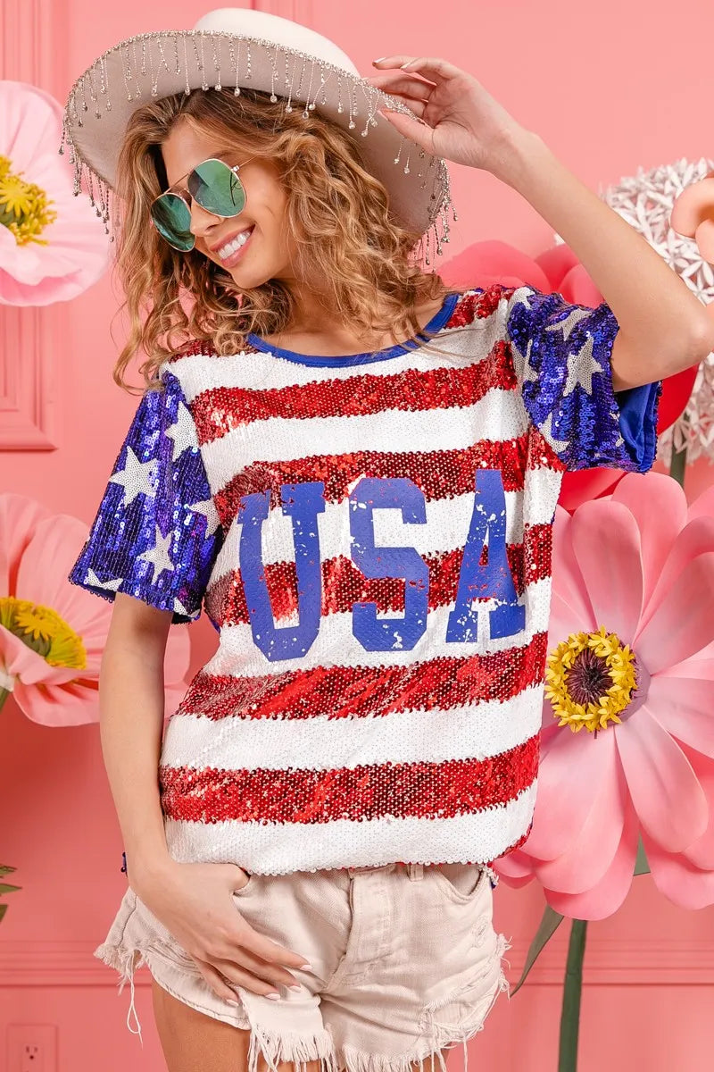 BiBi American Flag Sequin Top with USA Lettering - Patriotic Party Outfit for 4th of July, Independence Day & National Celebrations