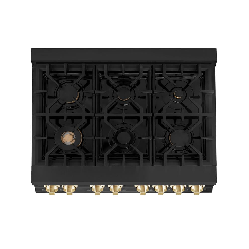 ZLINE Autograph Edition 36-Inch Professional Kitchen Package - Black Stainless Steel Dual Fuel Range with Range Hood & Polished Gold Accents (2AKP RABRH36 G) | Premium Gas Stove & Ventilation System for Home Chefs & Modern Kitchens