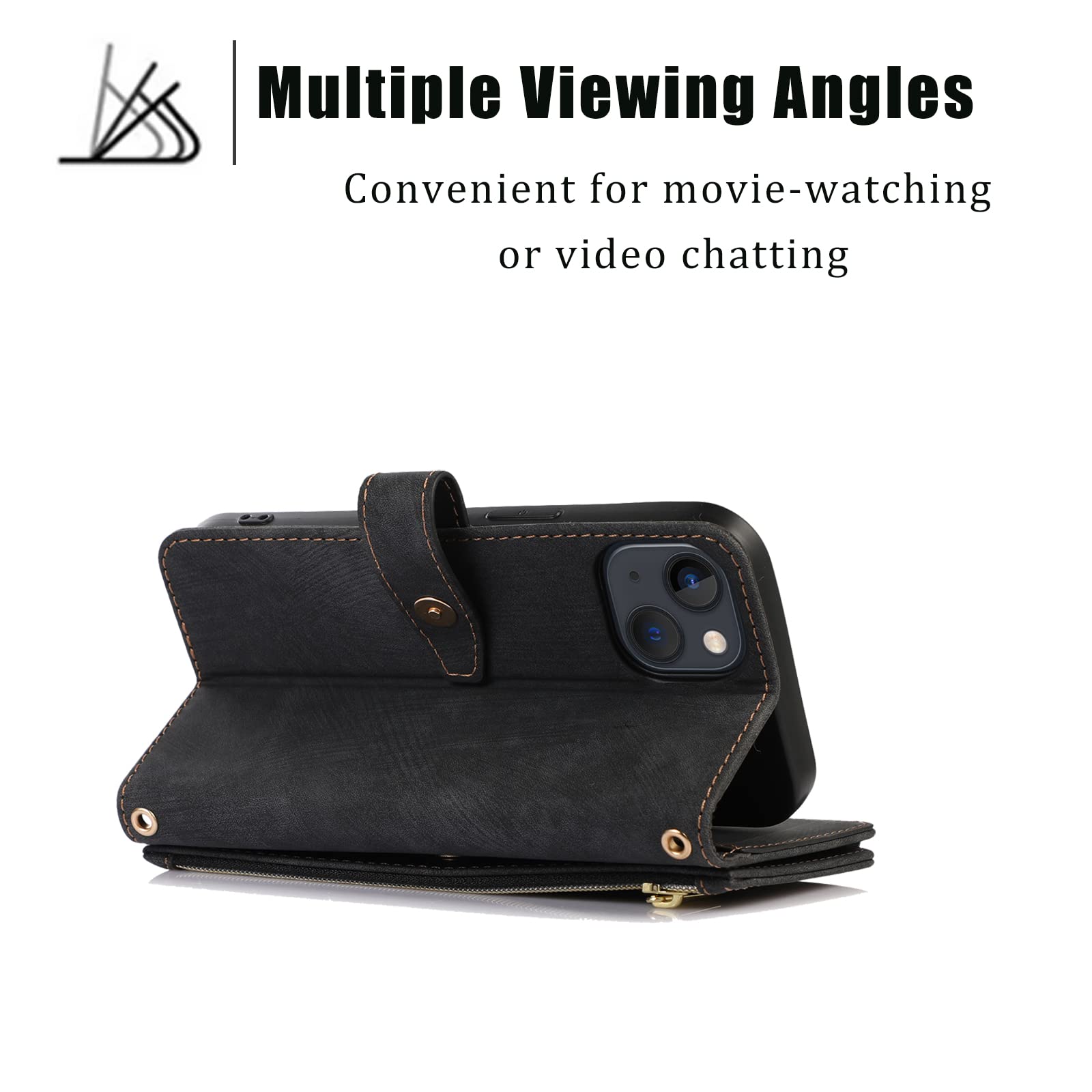 Premium Zipper Leather Wallet Case for iPhone 13 (6.1 Inch) with Wrist Strap - RFID Blocking Flip Cover Phone Case for Women & Men - Perfect for Travel, Shopping & Everyday Use (Black)