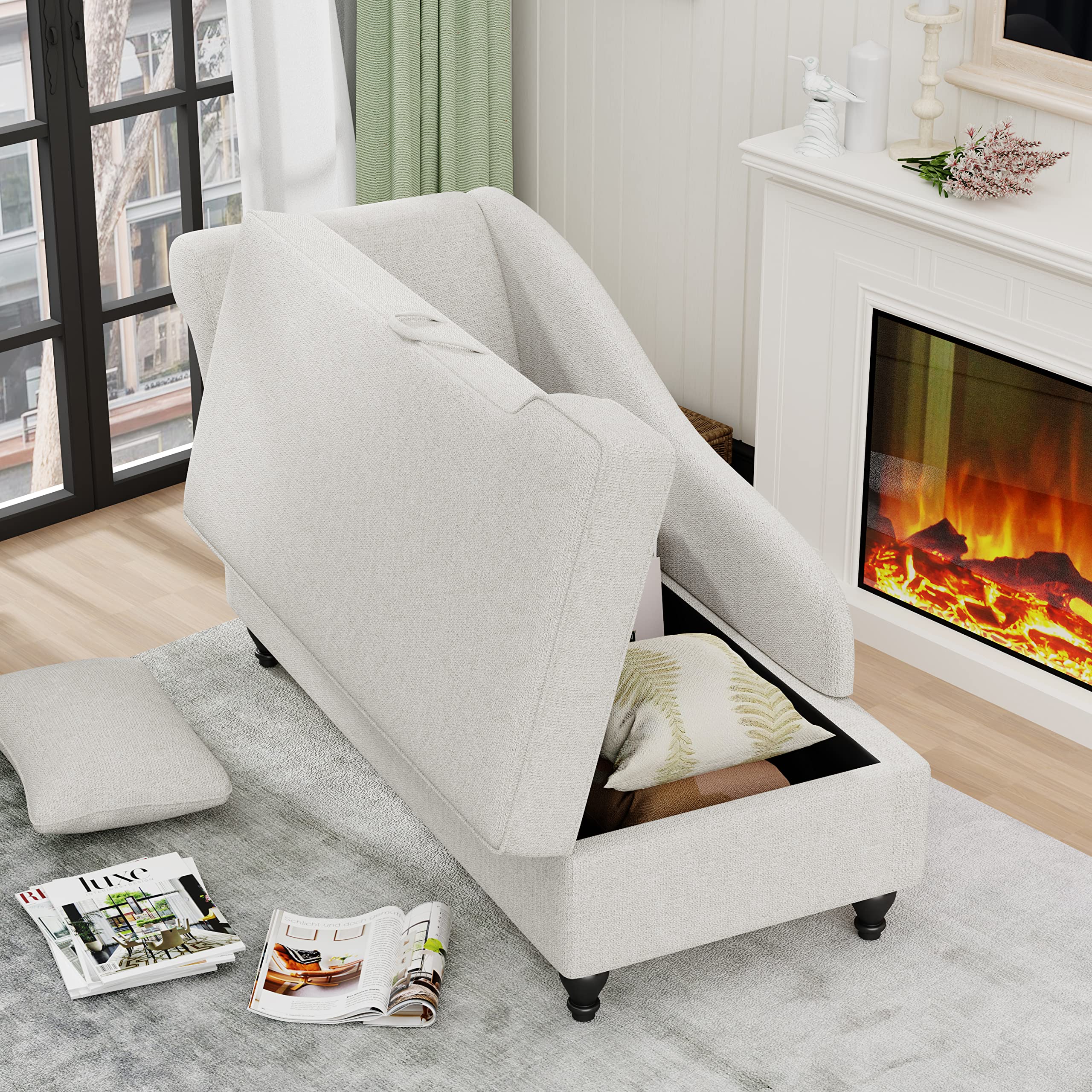 Yongqiang Upholstered Chaise Lounge Chair with Storage - Beige Fabric Left Armrest for Bedroom, Living Room & Office | Comfortable Seating with Hidden Storage Space | Perfect for Small Spaces, Reading Nooks & Guest Rooms