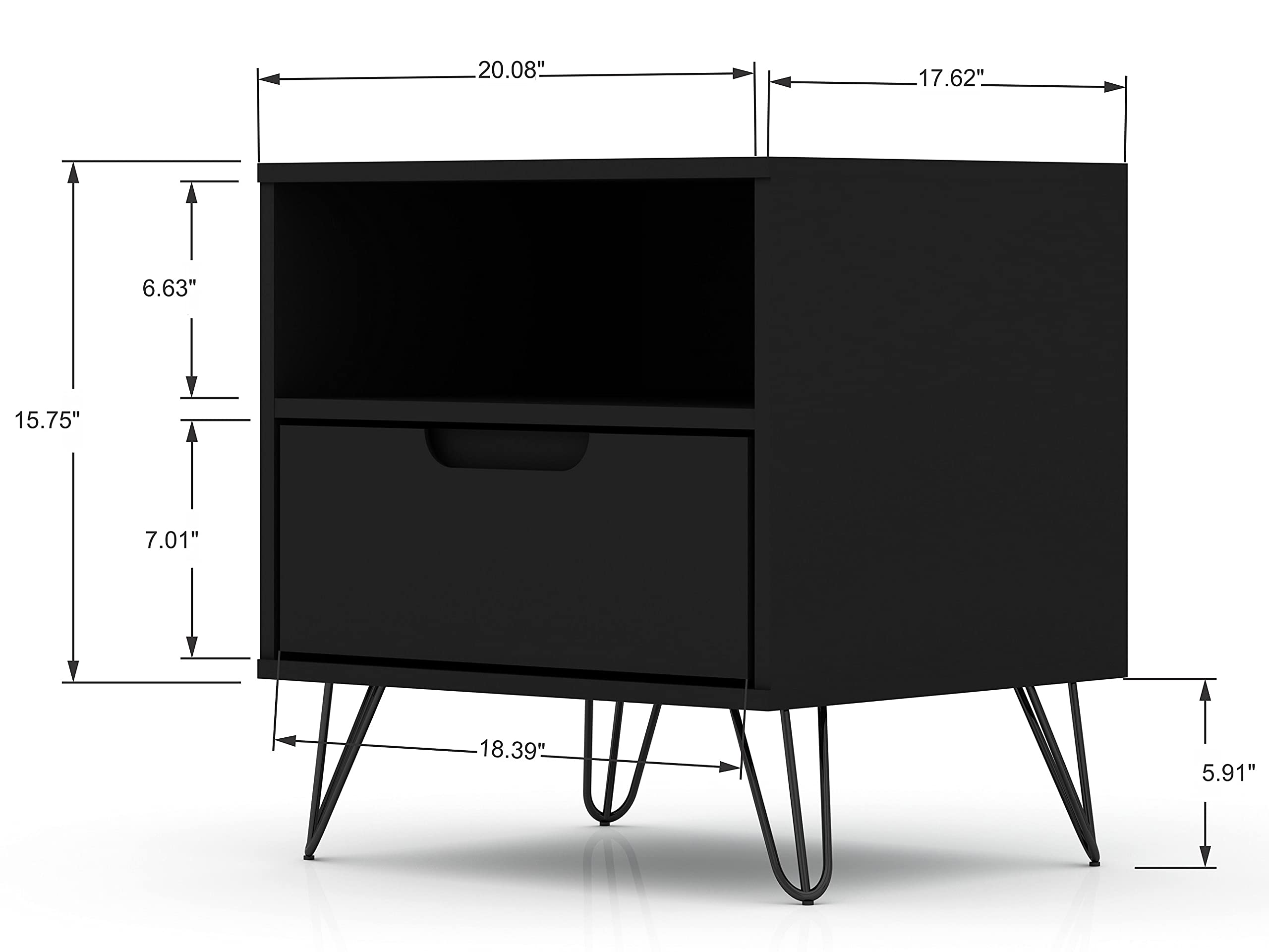Mid Century Modern Nightstands Set of 2 - Manhattan Comfort Rockefeller Bedside Tables with Drawer & Cubby Storage | Functional Bedroom & Living Room Furniture Organizer in Black | Perfect for Small Spaces & Guest Rooms