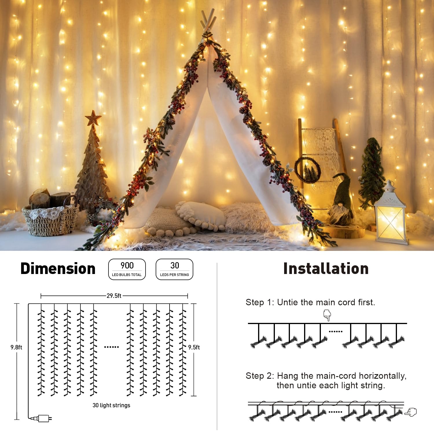 JMEXSUSS 900LED Outdoor Christmas Curtain Lights - 9.5x29.5ft Waterproof String Lights with Remote Control, Warm White Plug-in Hanging Lights for Wedding, Bedroom, Wall Decor, Camping & Holiday Party Backdrop