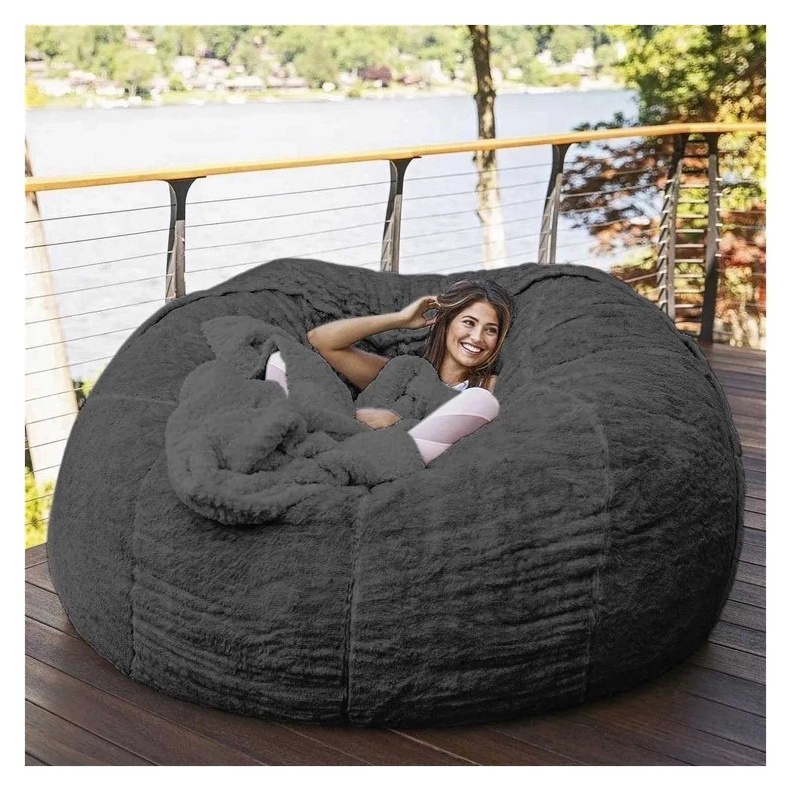 Premium Faux Fur Bean Bag Chair Cover Only (No Filler) - 7FT Large Round Soft Fluffy Sofa Bed Cover for Living Room, Game Room & Dorm - Dark Grey Giant Beanbag Slipcover (183cm) - Perfect for Relaxing, Gaming & Lounging