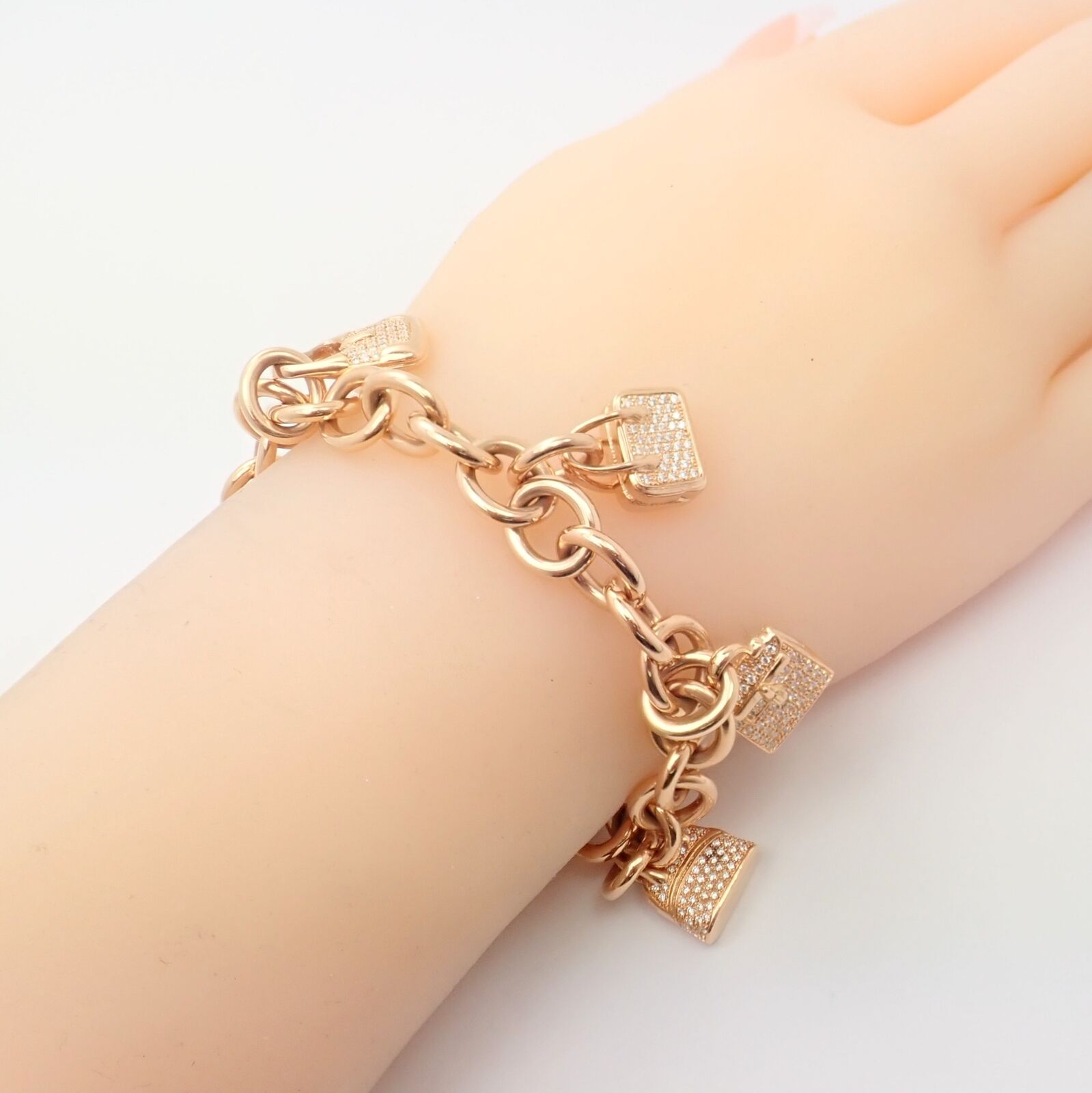 Authentic Hermes 18K Rose Gold Diamond Signature Iconic Bag Charm Link Bracelet - Luxury Jewelry Gift for Women, Perfect for Special Occasions & Everyday Elegance