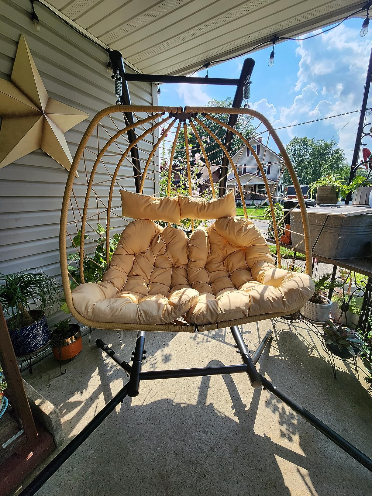 YITAHOME 2-Person Hanging Egg Chair Swing with Stand - 500lbs Capacity Wicker Hammock Chair for Outdoor & Indoor Use - Includes Cushions - Perfect for Patio, Garden, Bedroom, Balcony - Beige - Relaxation & Boho Home Decor