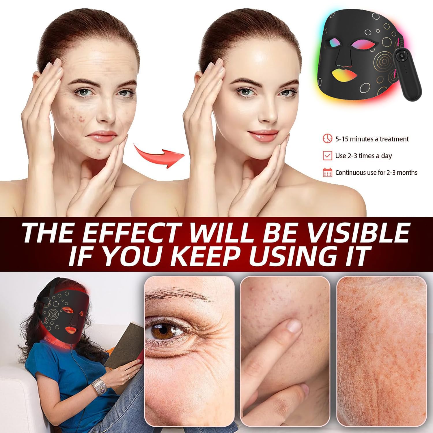 Red Light Therapy Mask for Face - Multi-Color LED Photon Spa Facial Skin Care Device | Treats Acne, Wrinkles & Skin Rejuvenation | FSA/HSA Eligible | Perfect for Home Skincare Routine & Spa Treatments