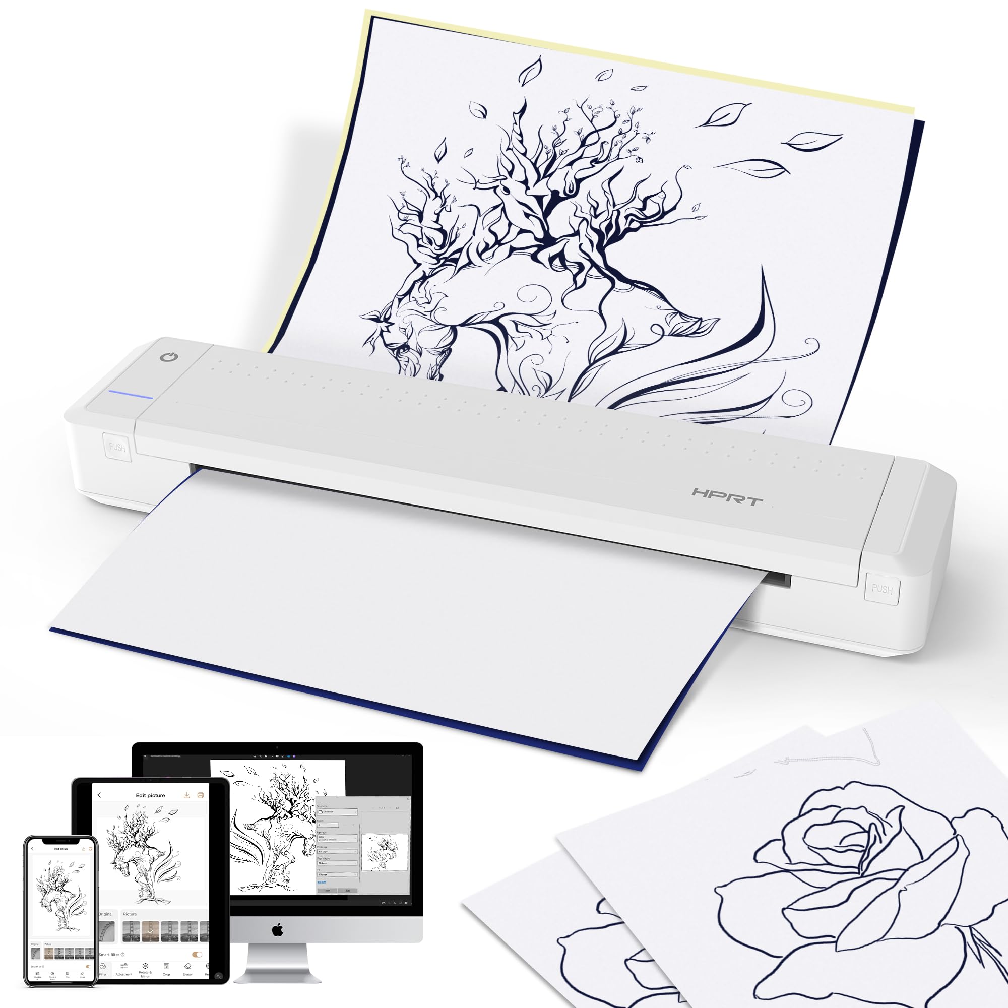 HPRT MT866 Wireless Bluetooth Thermal Tattoo Stencil Printer Kit - Compatible with iPhone, Android, iPad, Windows & Mac - Professional Tattoo Transfer Machine with 10 Sheets Thermal Paper - Perfect for Tattoo Artists, Beginners & Home Studios
