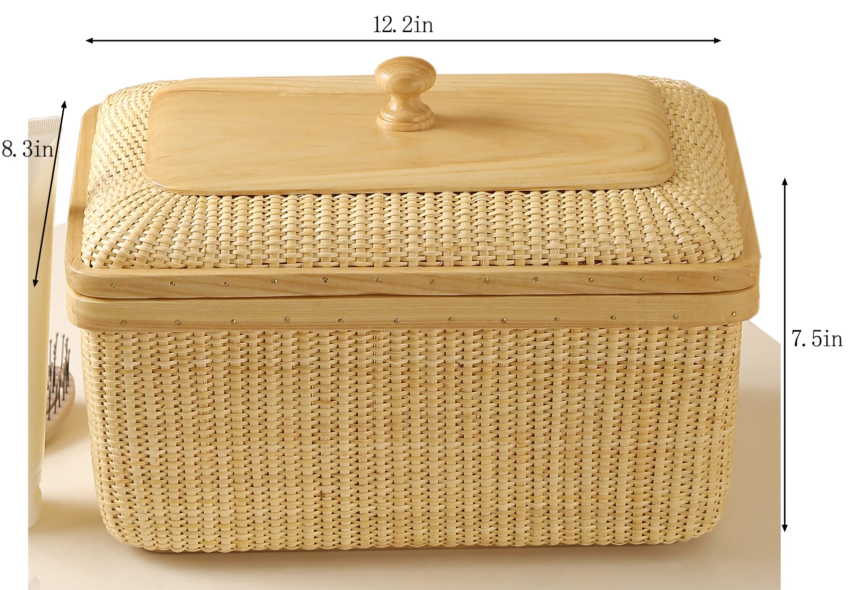 Handmade Nantucket Cane Basket with Lid - Finely Woven Rectangular Storage Container for Home Organization | Decorative Shelf Baskets for Living Room, Bedroom & Bathroom Storage