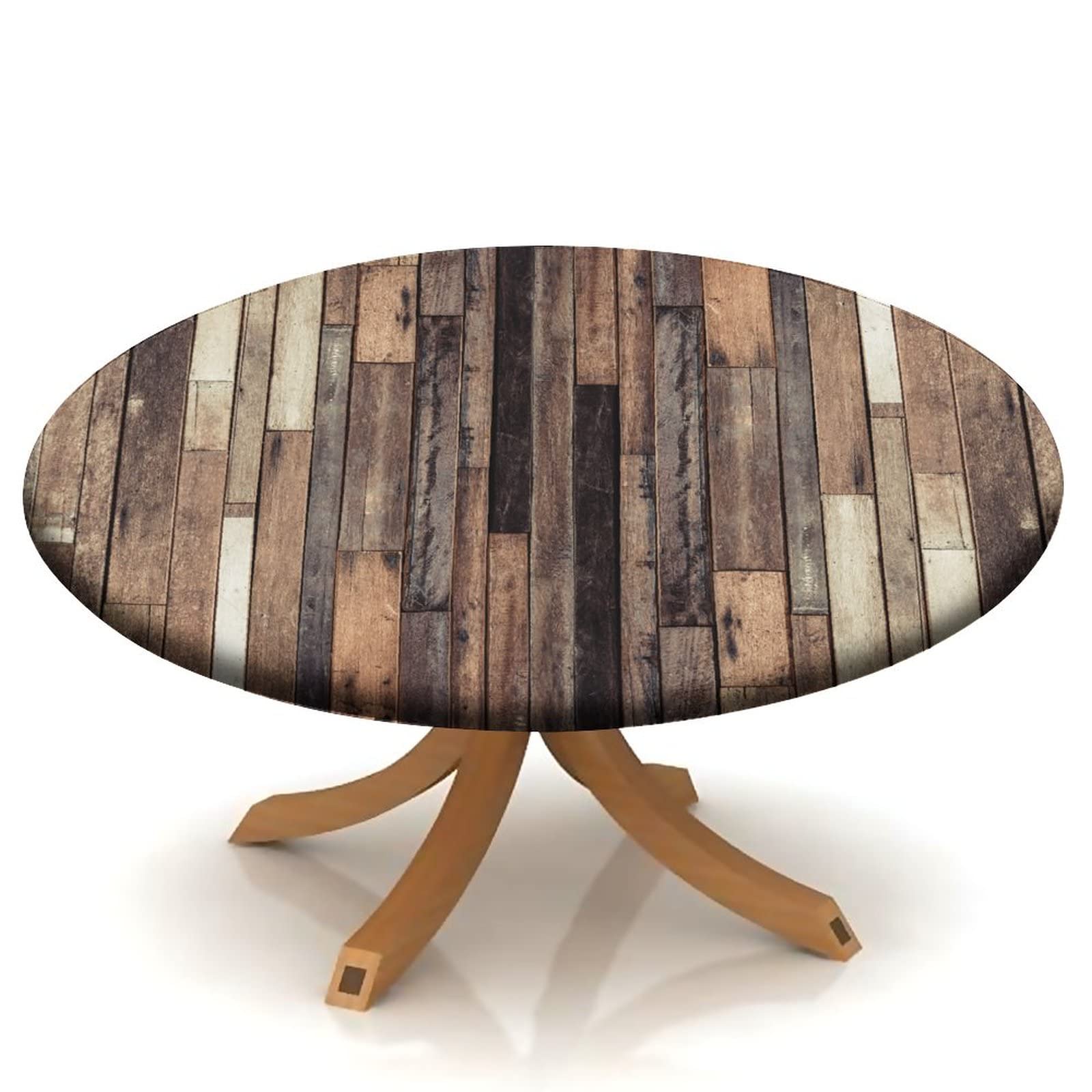 SongYi Elastic Edge Waterproof Round Tablecloth - Washable & Wipeable Wooden Pattern Fabric Table Cover for 48 Inch Dining Table - Perfect for Outdoor Picnics, Dinner Parties, and Home Decor (Brown)