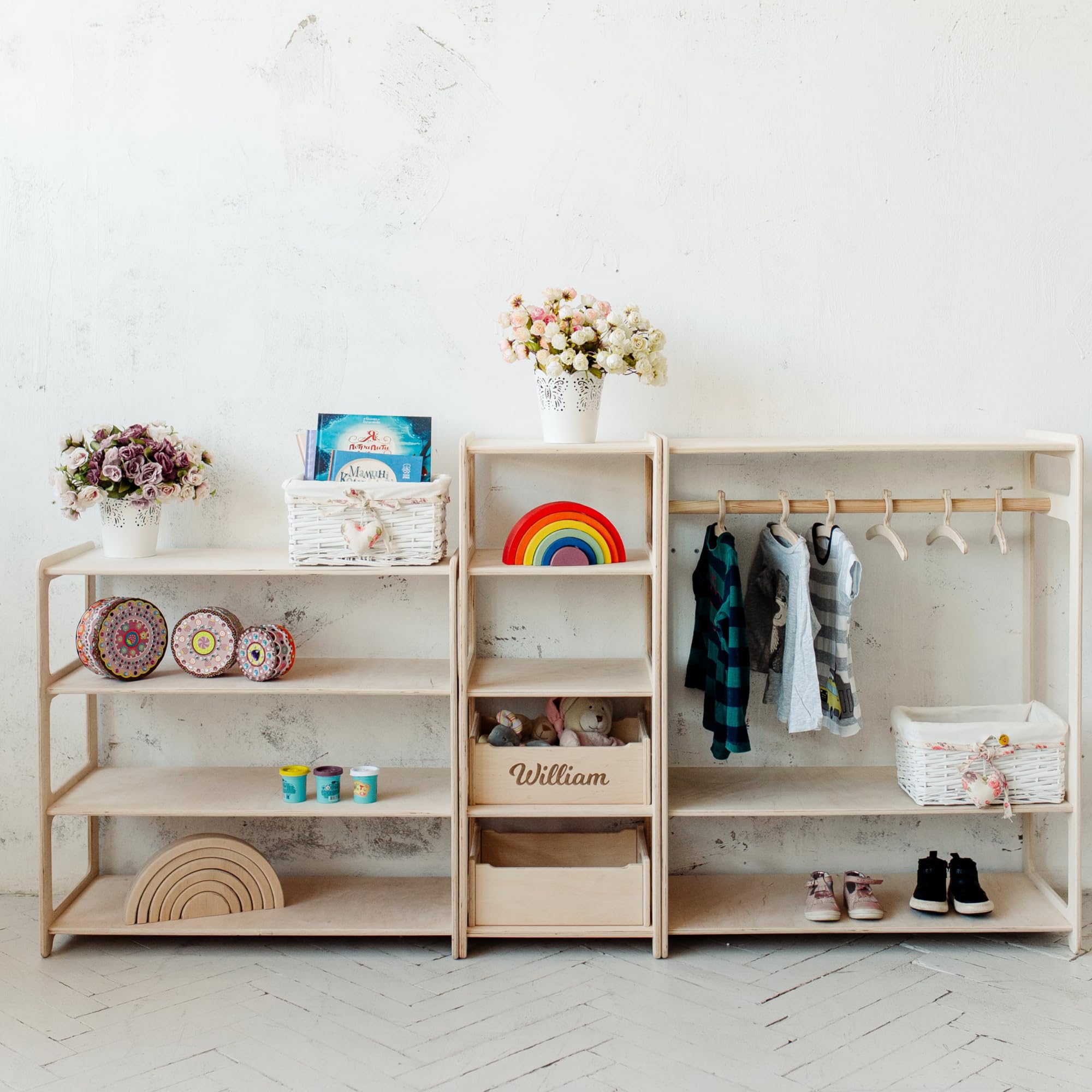 Set of 3 Montessori Toy Shelves & Kids Clothing Rack - Wooden Open Storage Shelves for Toys, Books & Clothes - Perfect for Playroom, Bedroom & Montessori Classroom Organization