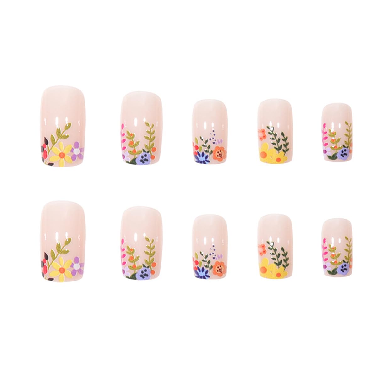 BFY Short Square Press on Nails - Yellow & Blue Floral Design with Green Leaf Accents | Glossy Acrylic Fake Nails Kit (24Pcs, 12 Sizes) | Natural Fit Manicure with Strong Glue | Perfect for Autumn, Halloween, Thanksgiving & Fall Weddings