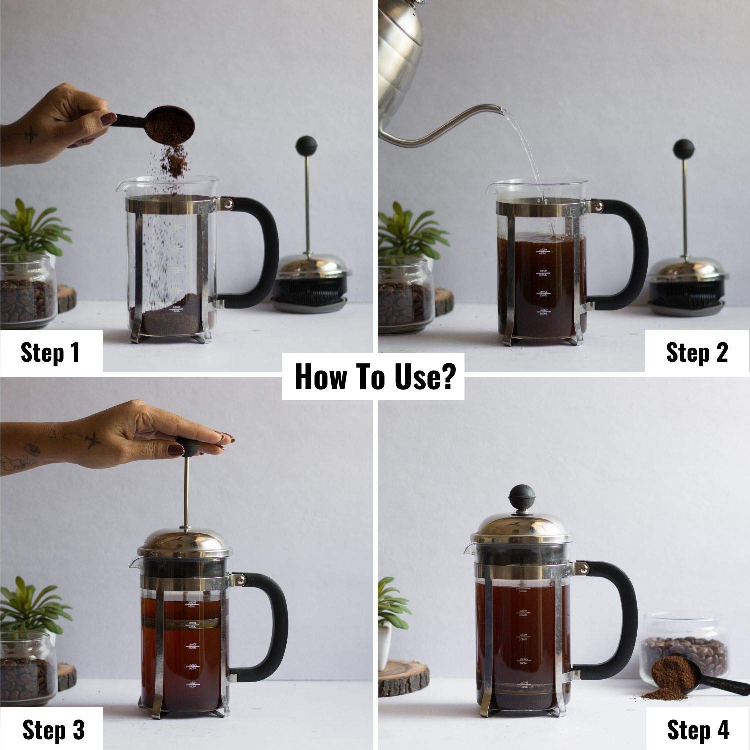 InstaCuppa French Press Coffee Maker - 600ml Stainless Steel with 4-Stage Filtration System | Perfect for Home, Office & Camping | Makes Rich & Flavorful Coffee